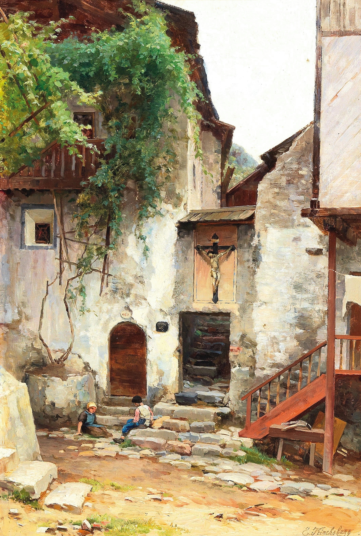 Landscape featuring a lone figure against dramatic mountains, by Ernestine von Kirchsberg.