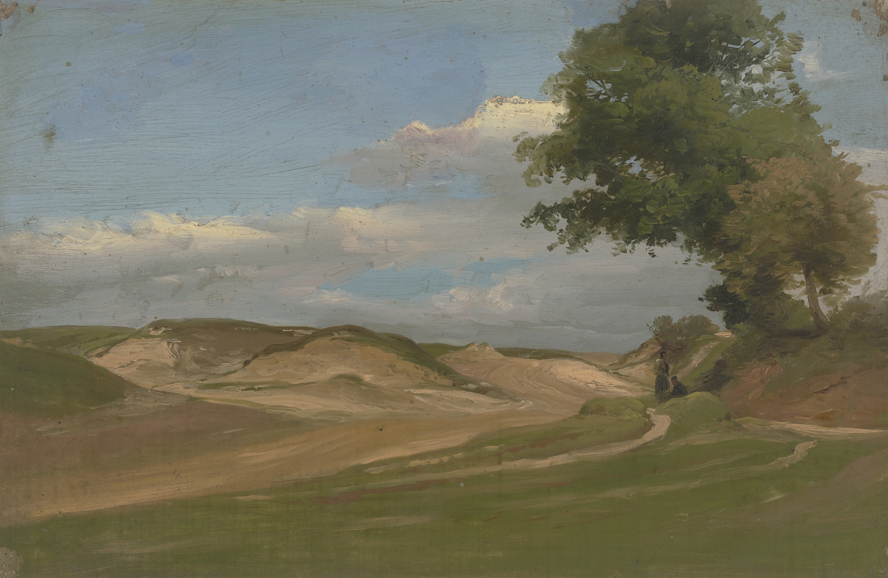 Two farmers seated on a bench at sunset, oil painting by Jakob Becker