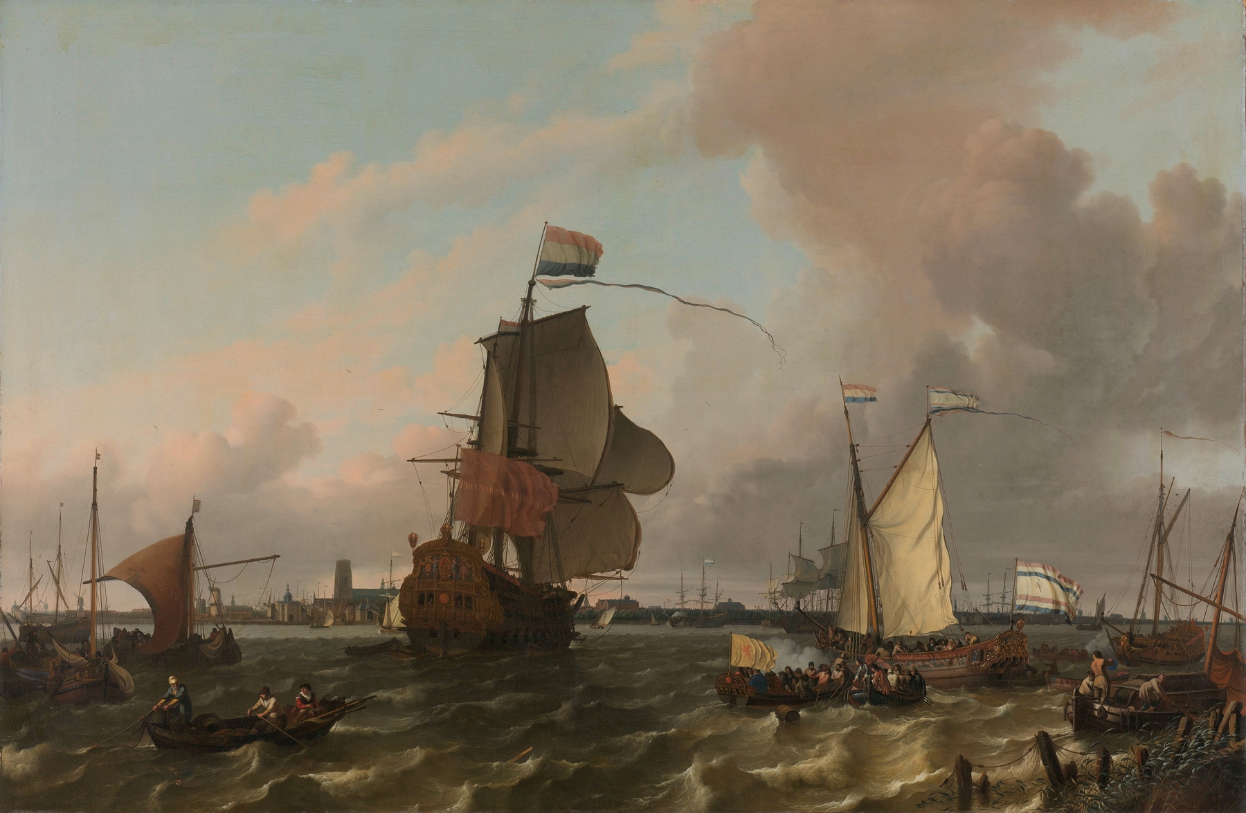 The Man-of-War Brielle on the River Maas off Rotterdam, by Ludolf Backhuysen, public domain