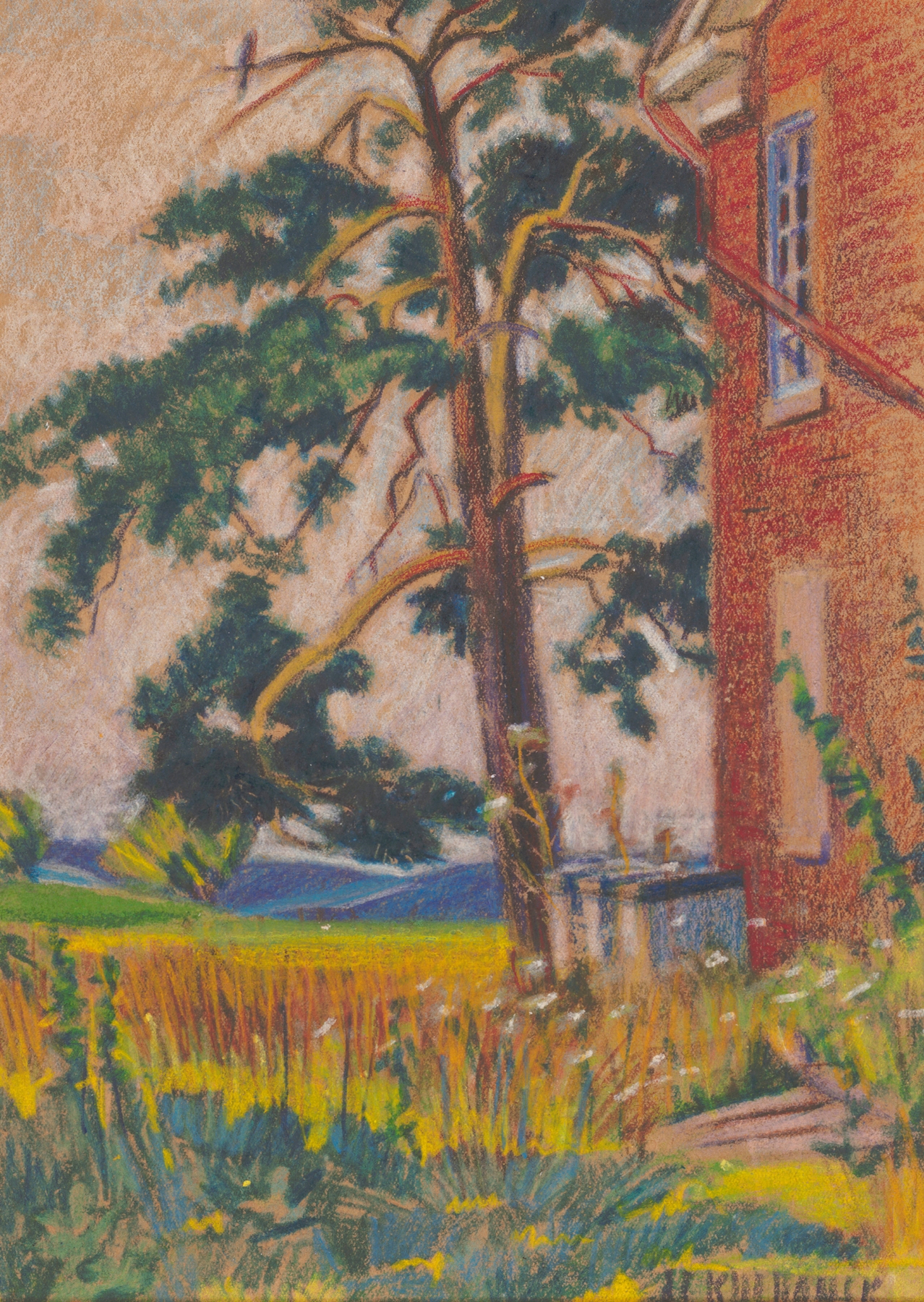 Landscape oil painting by James C. Kulhanek featuring a solitary pine tree against swirling colors.