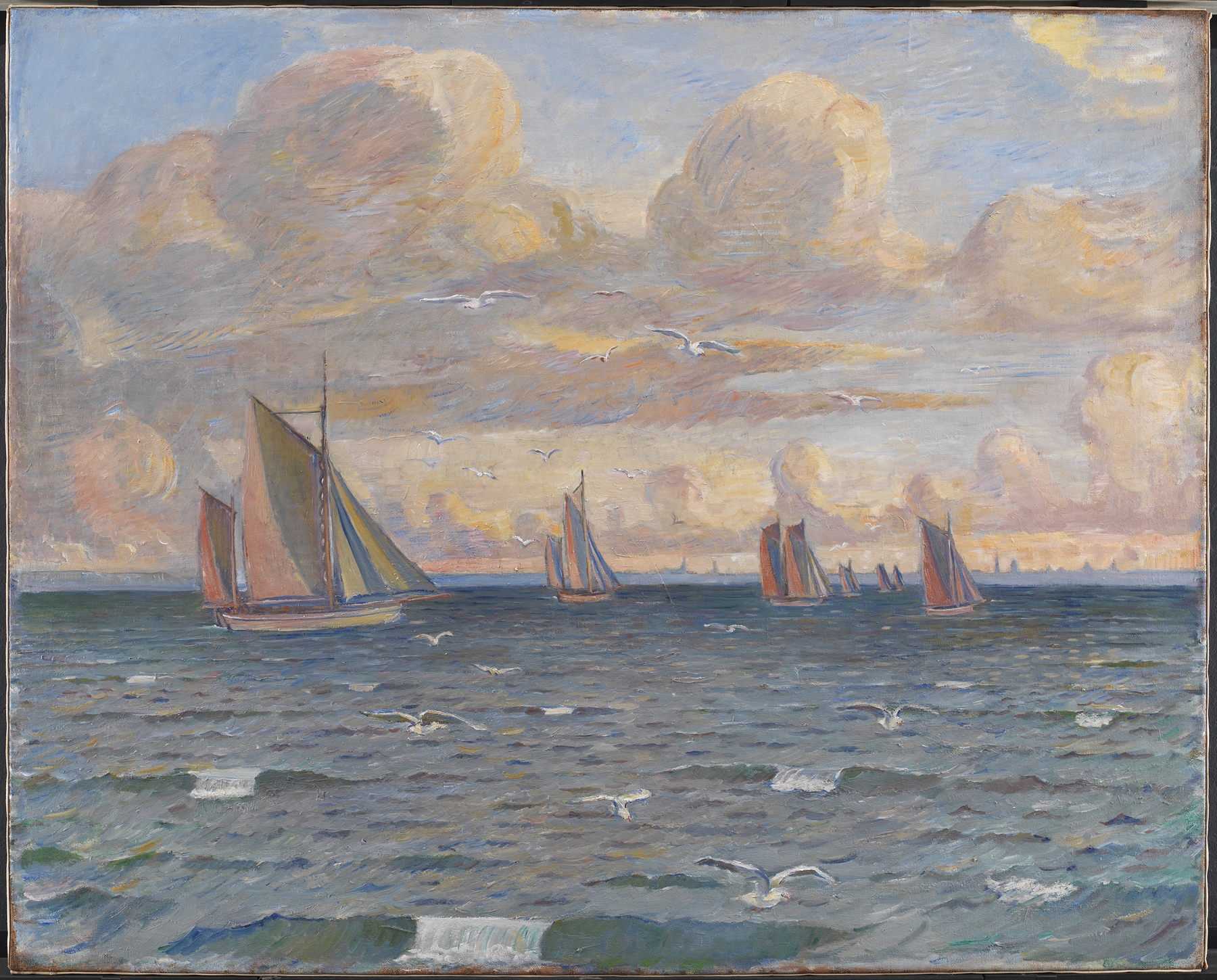 Marine scene with ships on water by Poul Simon Christiansen, Impressionism