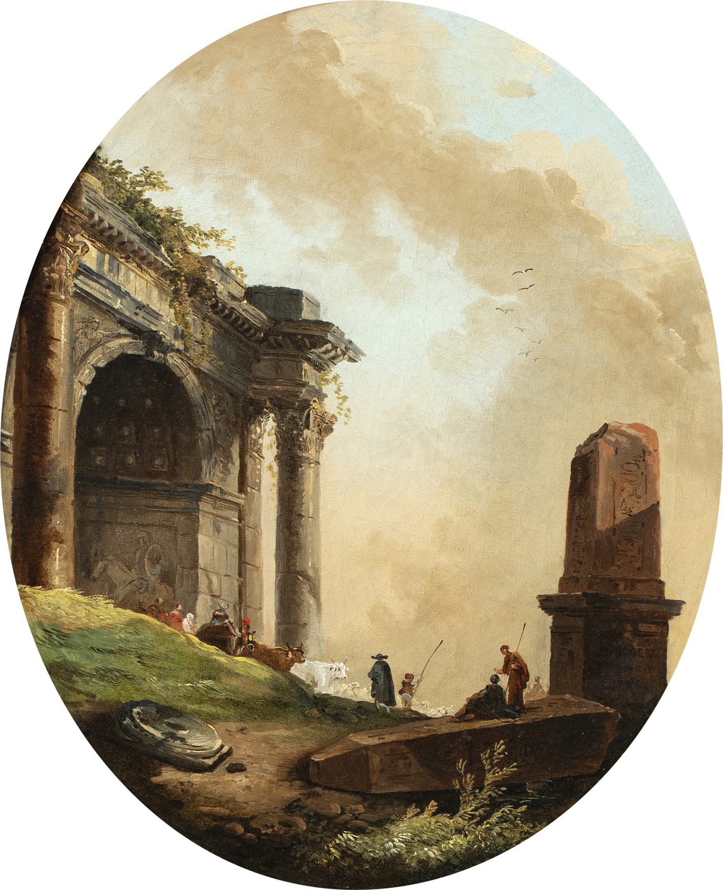 Rococo landscape with drovers and livestock near ruins by Hubert Robert