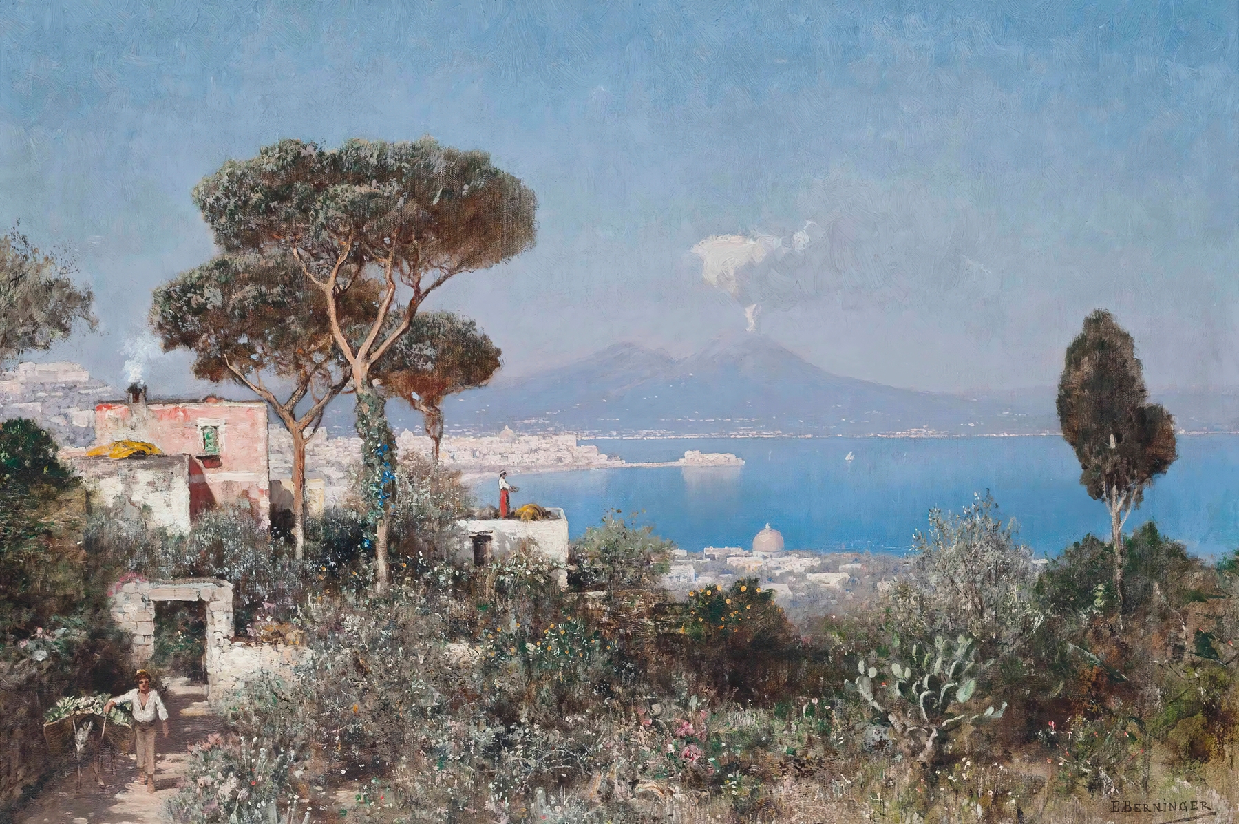 A boy and a donkey on a journey to market, oil painting by Edmund Berninger