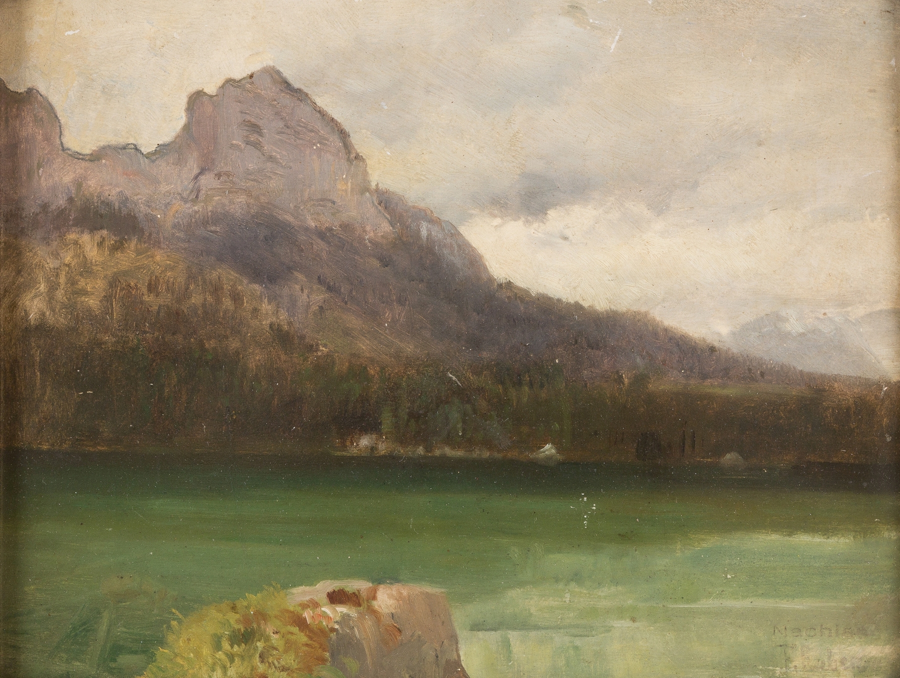 Mountain lake oil painting by Franz Leo Ruben featuring serene water and majestic mountains.