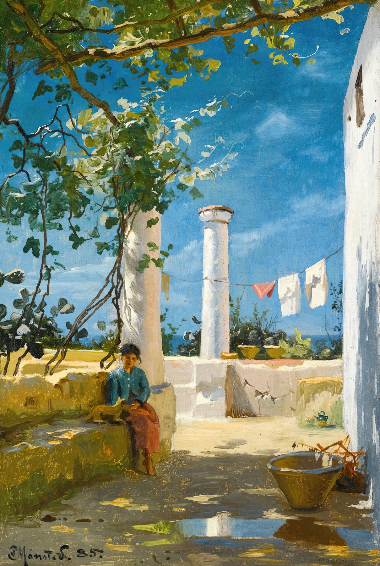 Summer In Capri, oil on canvas by Peder Mørk Mønsted, depicting a coastal scene with sunlight on water.