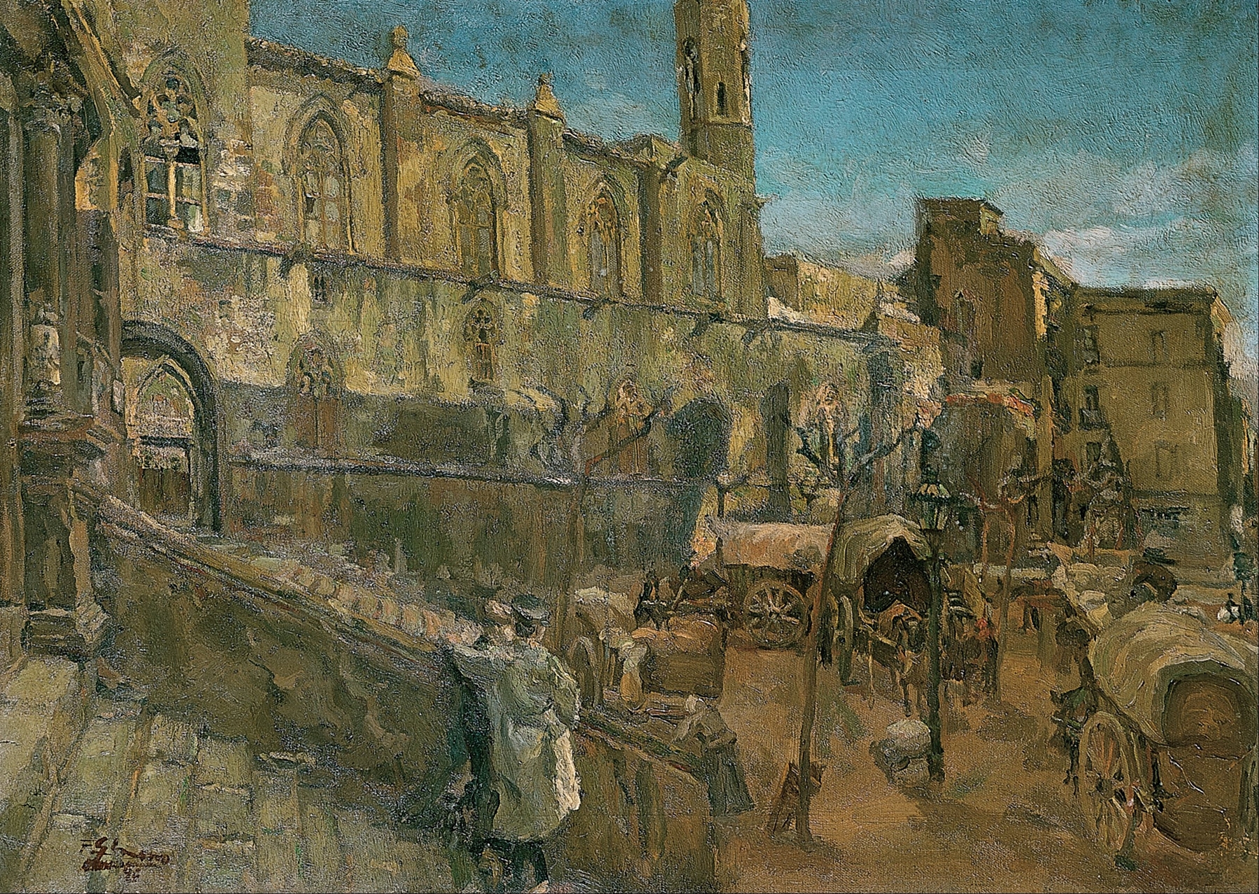 Plaza del Rey by Francesc Gimeno, oil on canvas depicting sunlight on cobblestones and architecture.