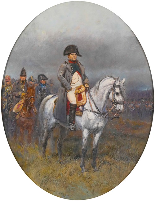 A striking depiction of Napoleon riding a horse, showcasing his leadership and strength.