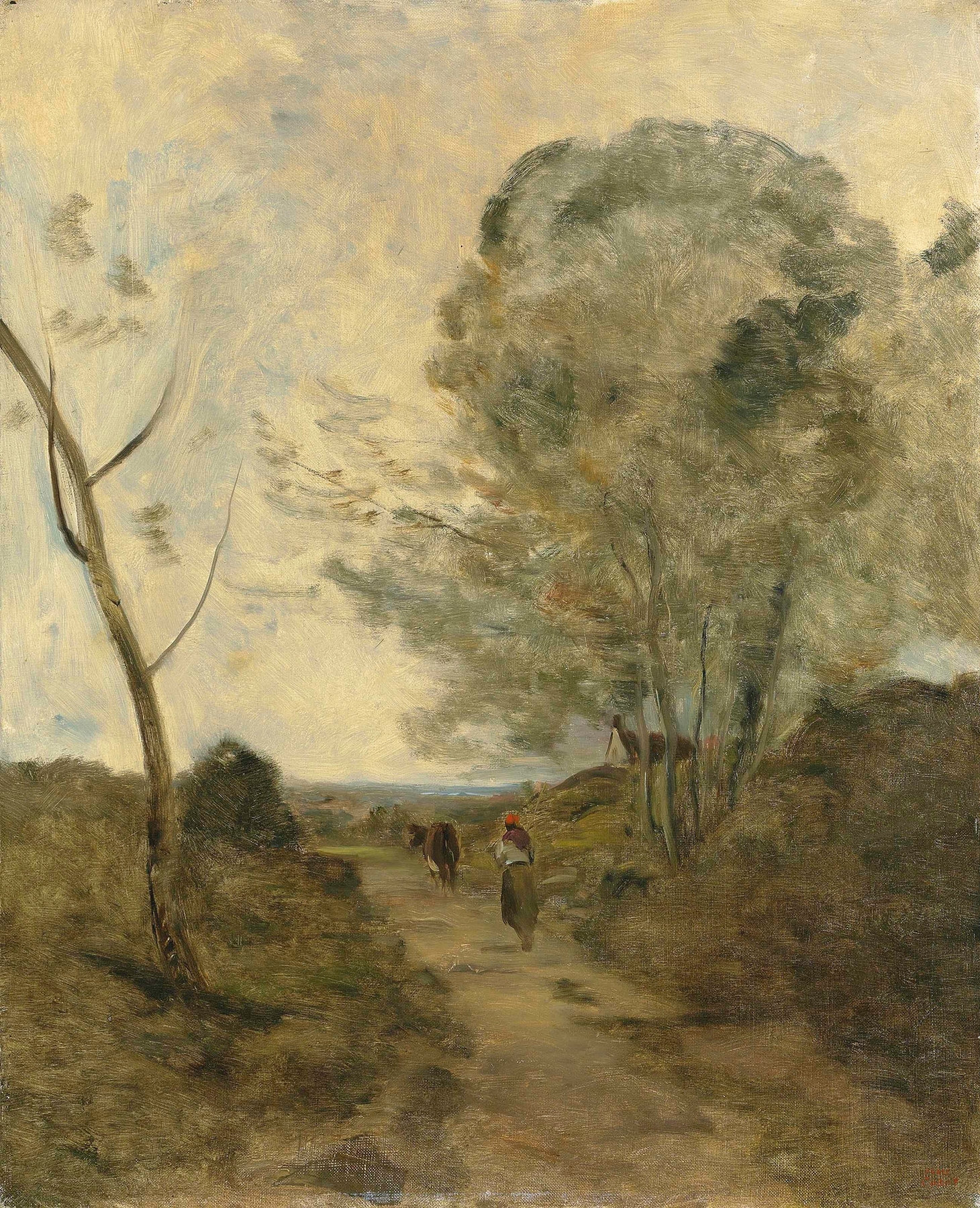 Genre scene of a peasant woman leading a cow in a landscape, oil painting by Jean-Baptiste-Camille Corot