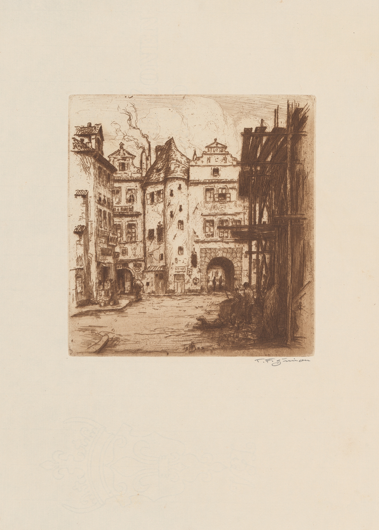 The entrance into the Týn Court by Tavík František Šimon, oil painting depicting an archway and court.