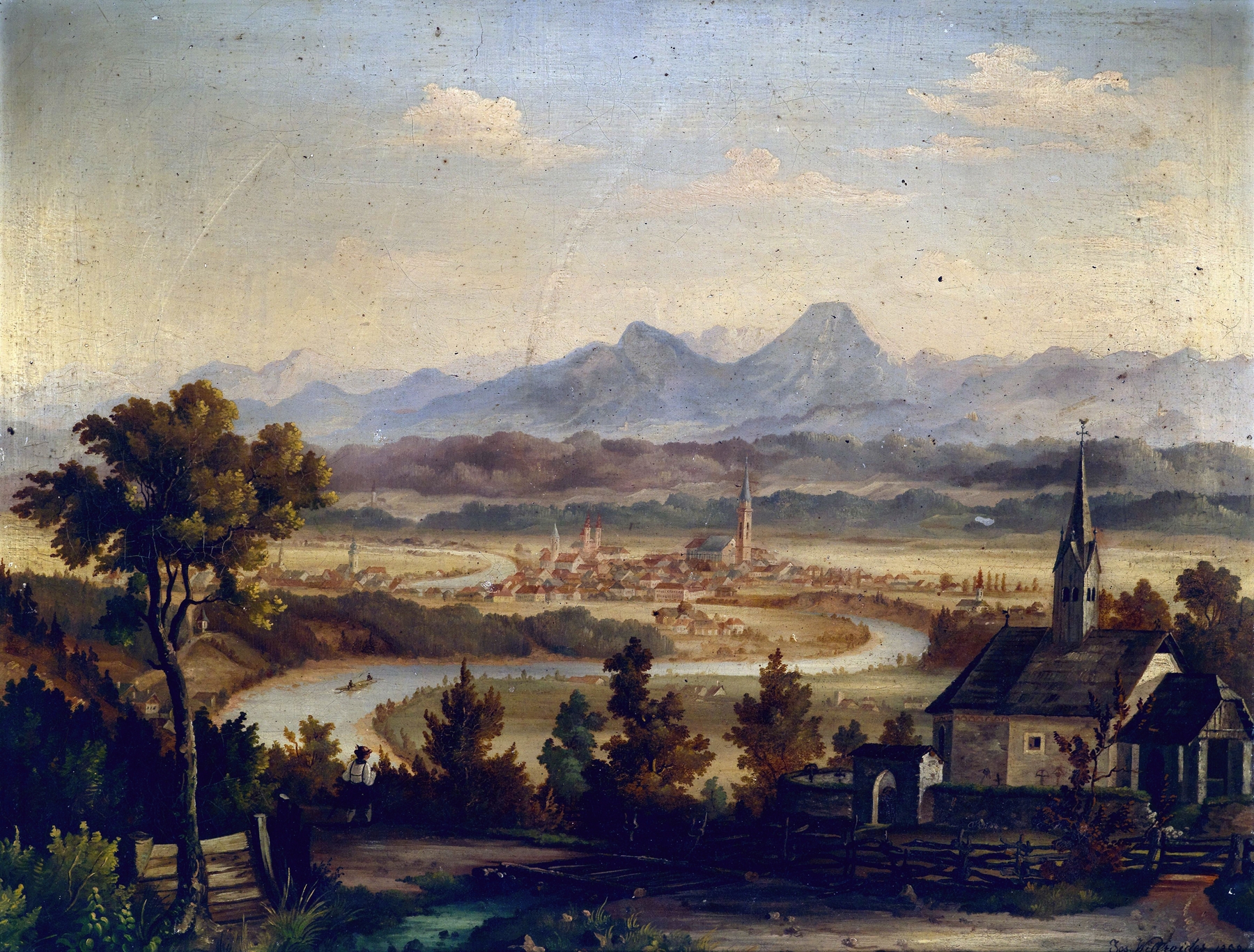 Oil painting by Josef Willroider depicting a village landscape with hills and light.