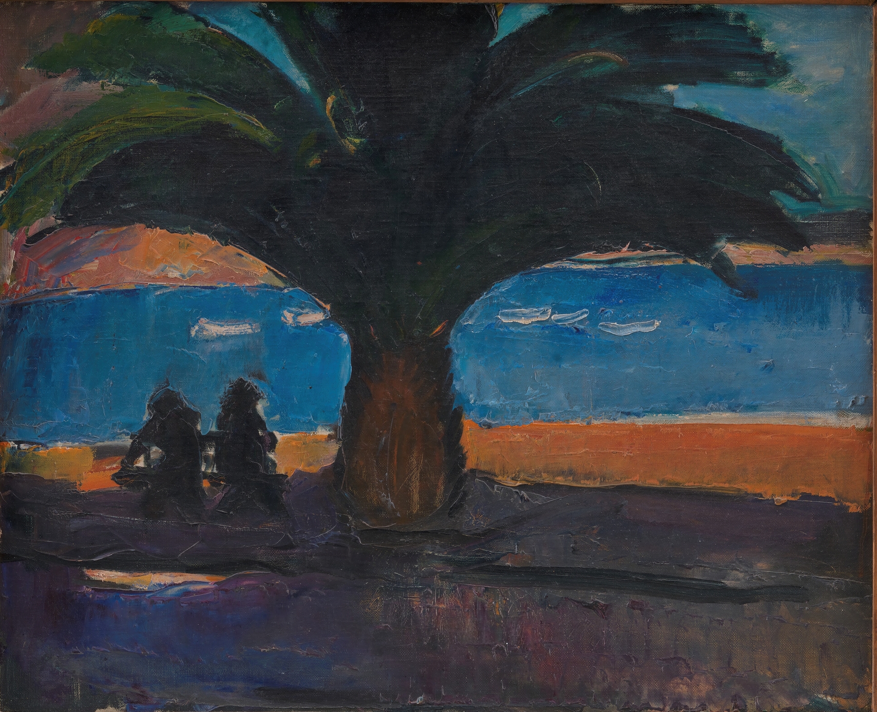 Impressionism landscape by Jens Adolf Jerichau, featuring palm fronds and coastal view.