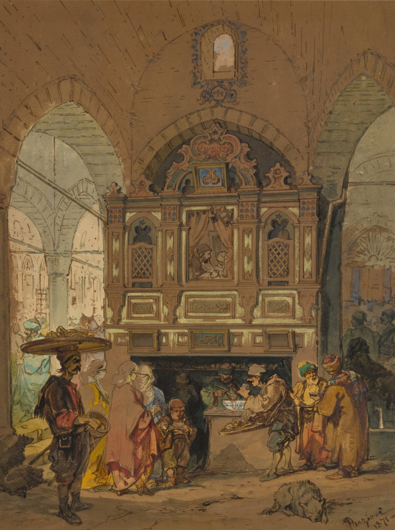 The Grand Bazaar in Constantinople by Amadeo Preziosi, oil on canvas depicting vibrant market arches and textiles.