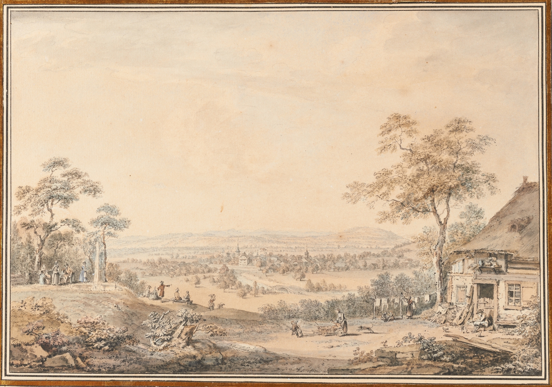 Landscape with rolling hills and a village, ink on paper by Johann Ludwig Aberli