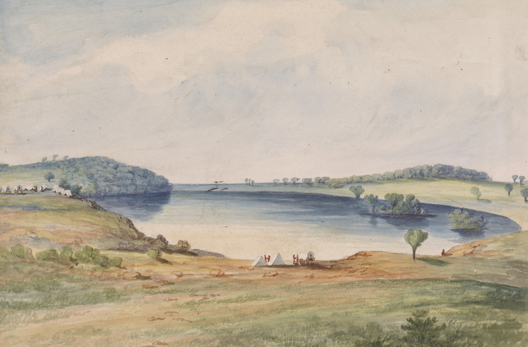 Pike Lake M.T. by John Mix Stanley, oil on canvas depicting a tranquil lake and wilderness.