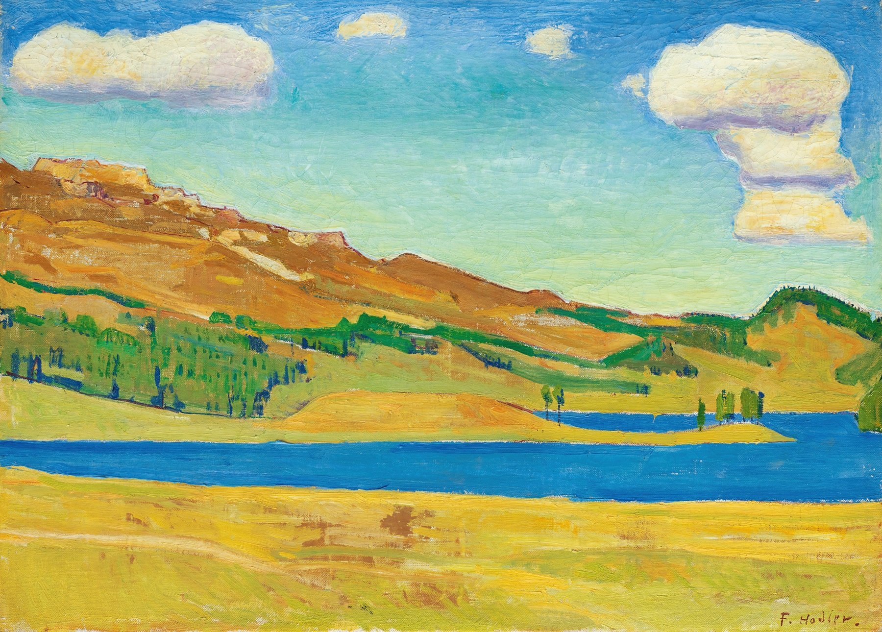 Lake Champfèr by Ferdinand Hodler, oil on canvas, featuring tranquil water and surrounding mountains.