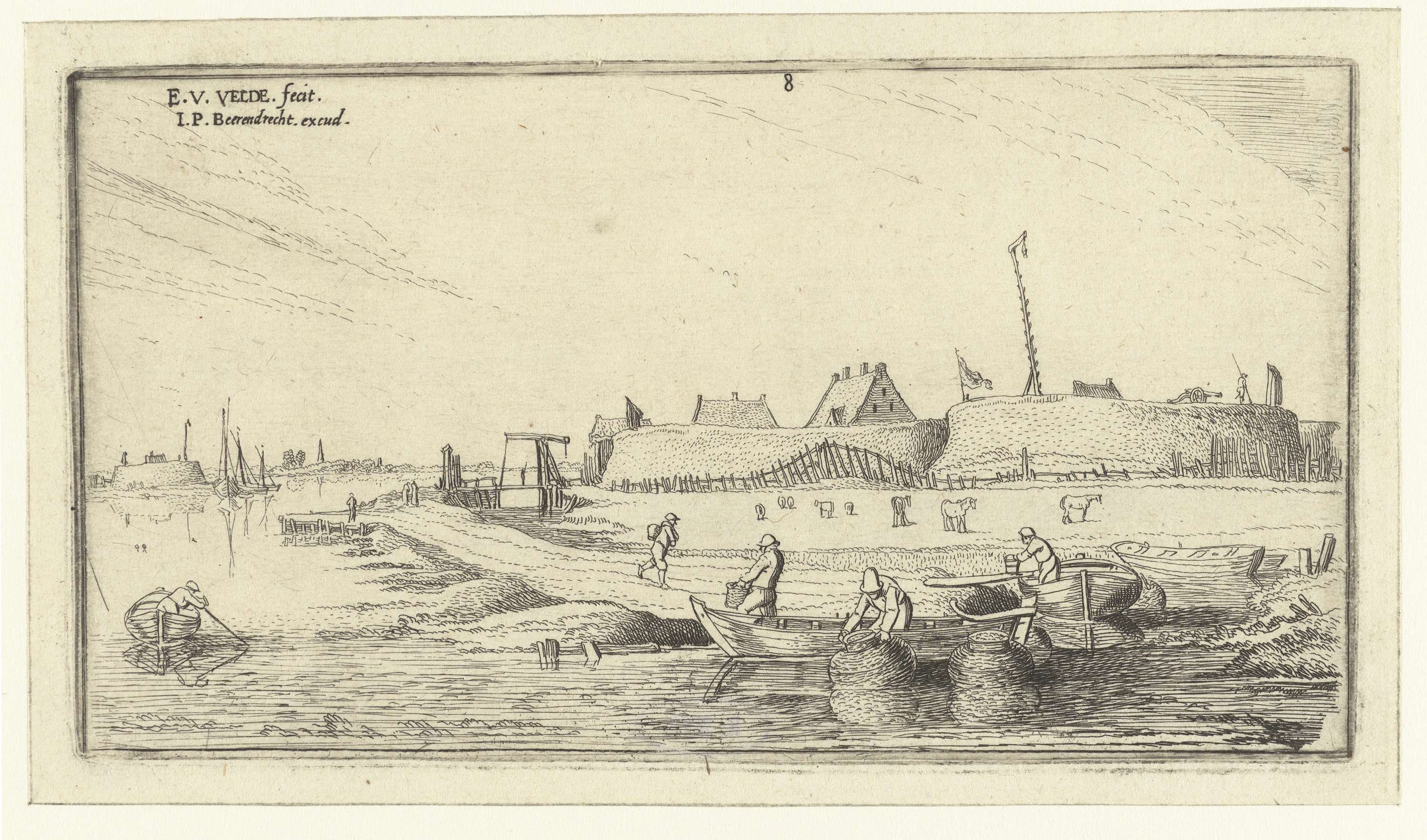Roeiboten met vissers voor een fort aan de Schelde, etching by Esaias van de Velde
