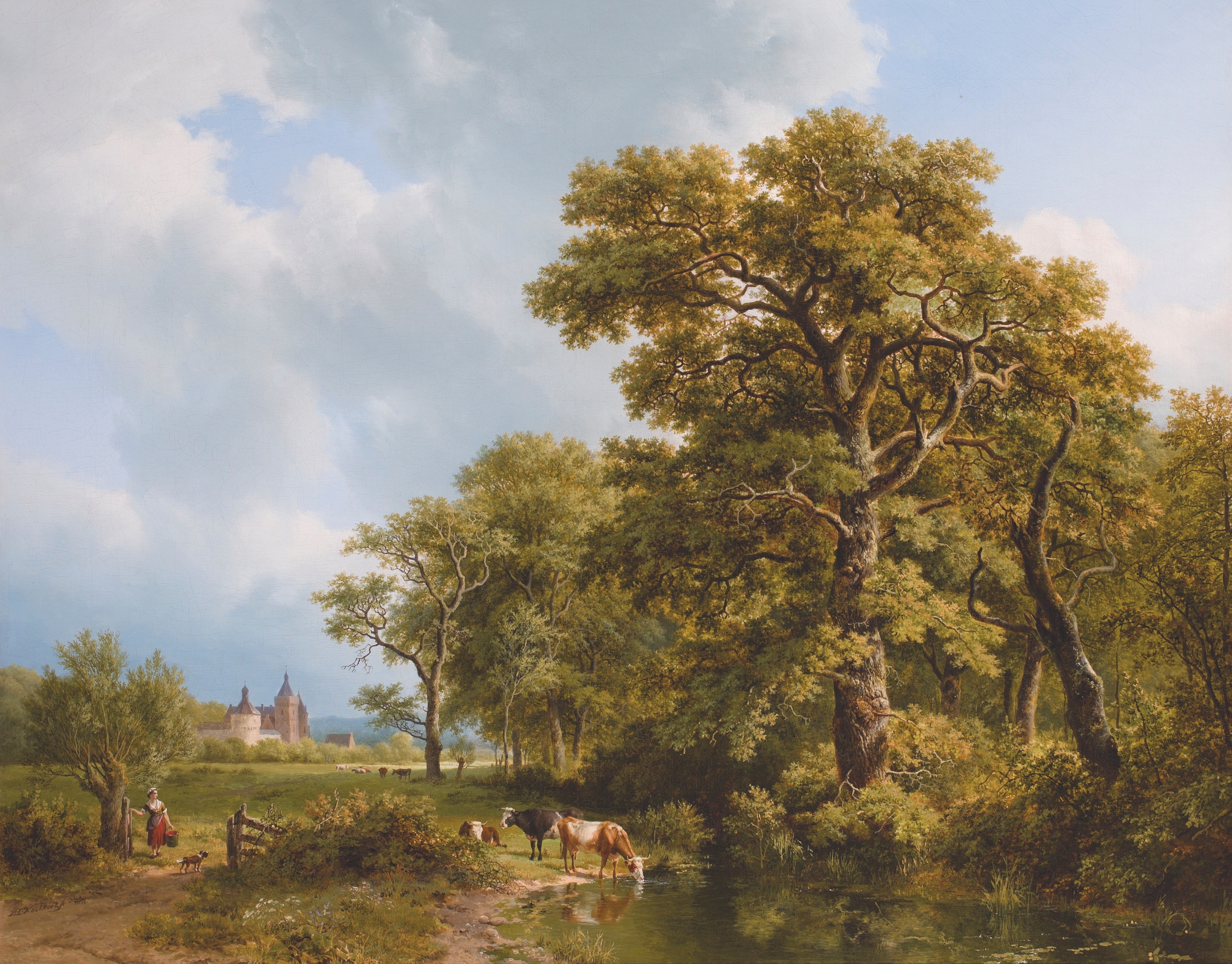 A summer landscape with cows watering, oil painting by Barend Cornelis Koekkoek