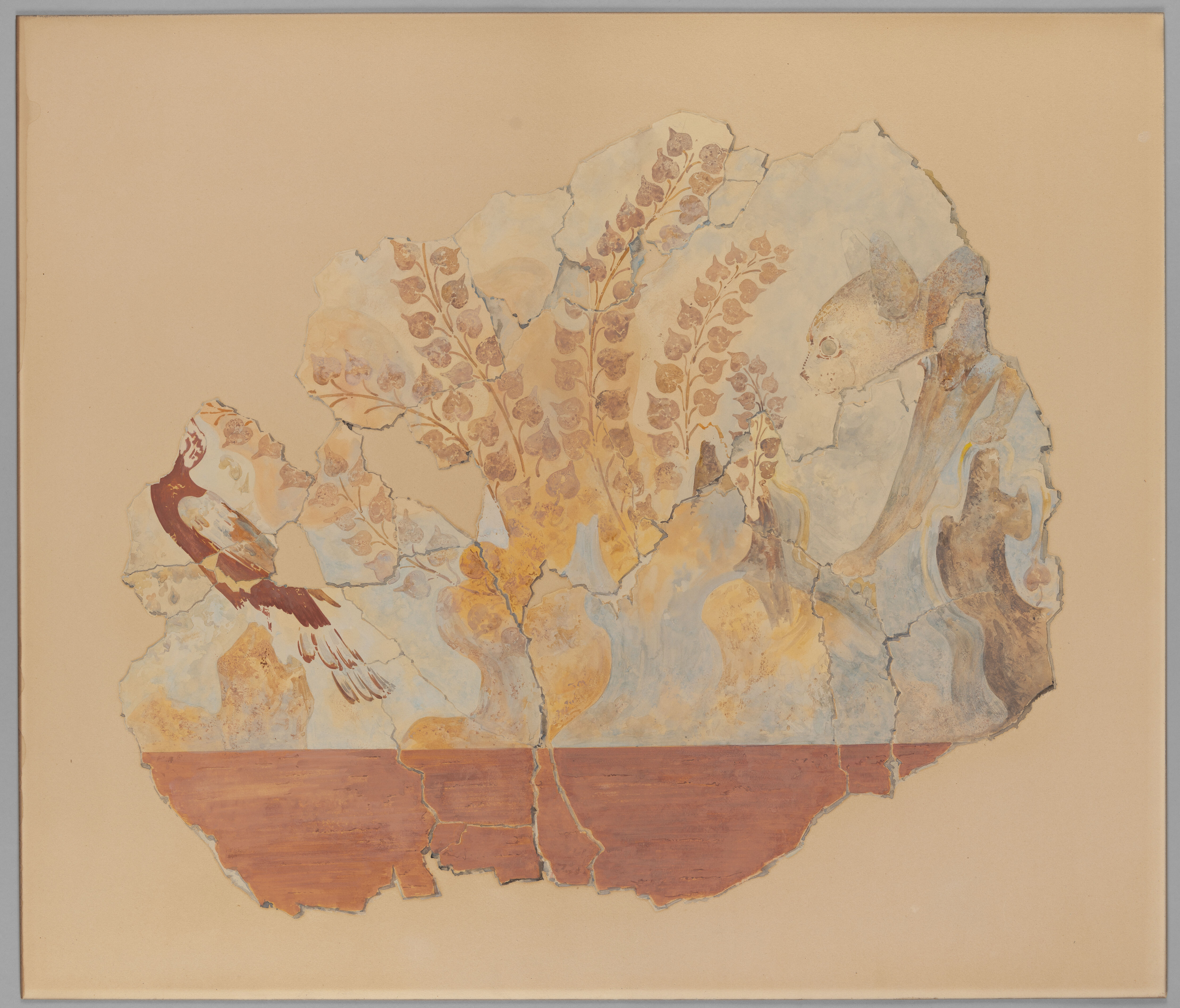 Cat hunting a pheasant, watercolor on paper by unidentified artist