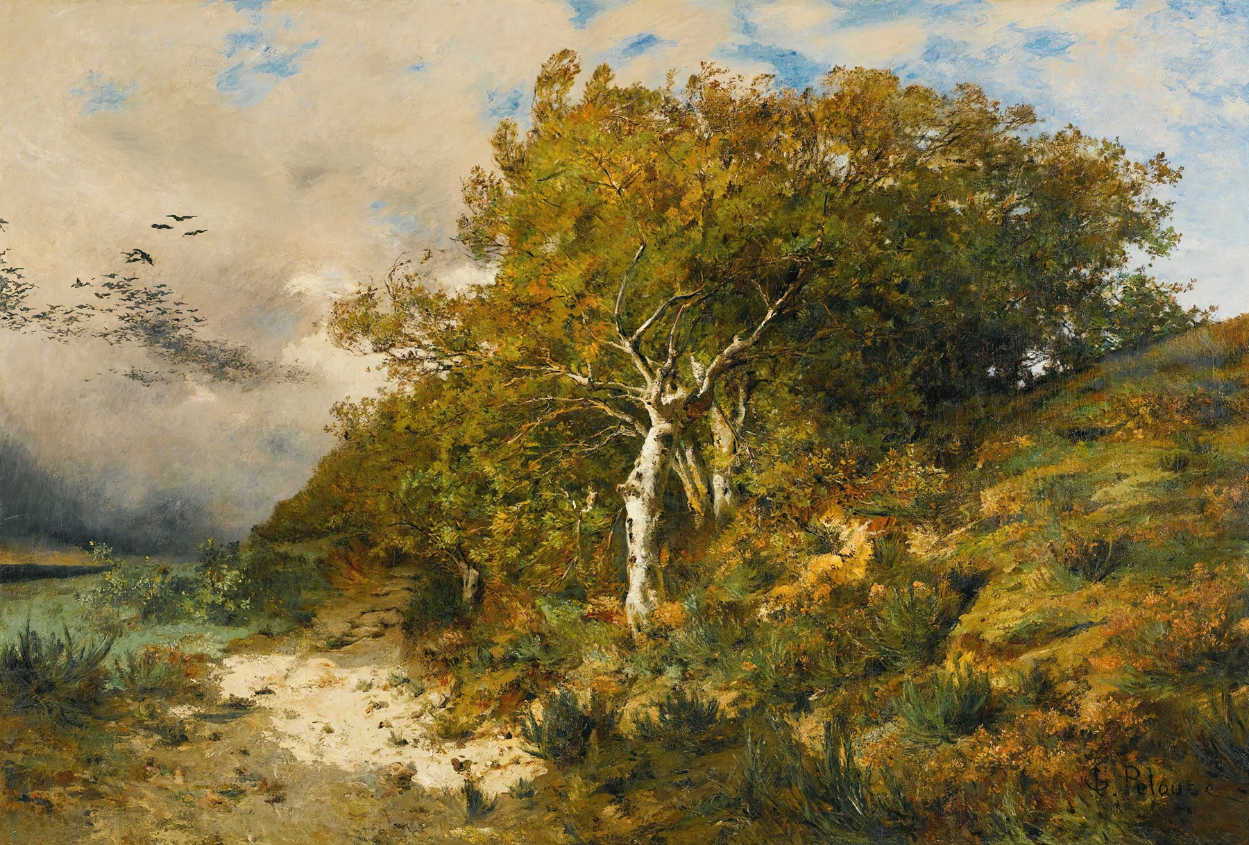 Foret De Fontainebleau by Léon-Germain Pelouse, oil on canvas depicting a tranquil forest.