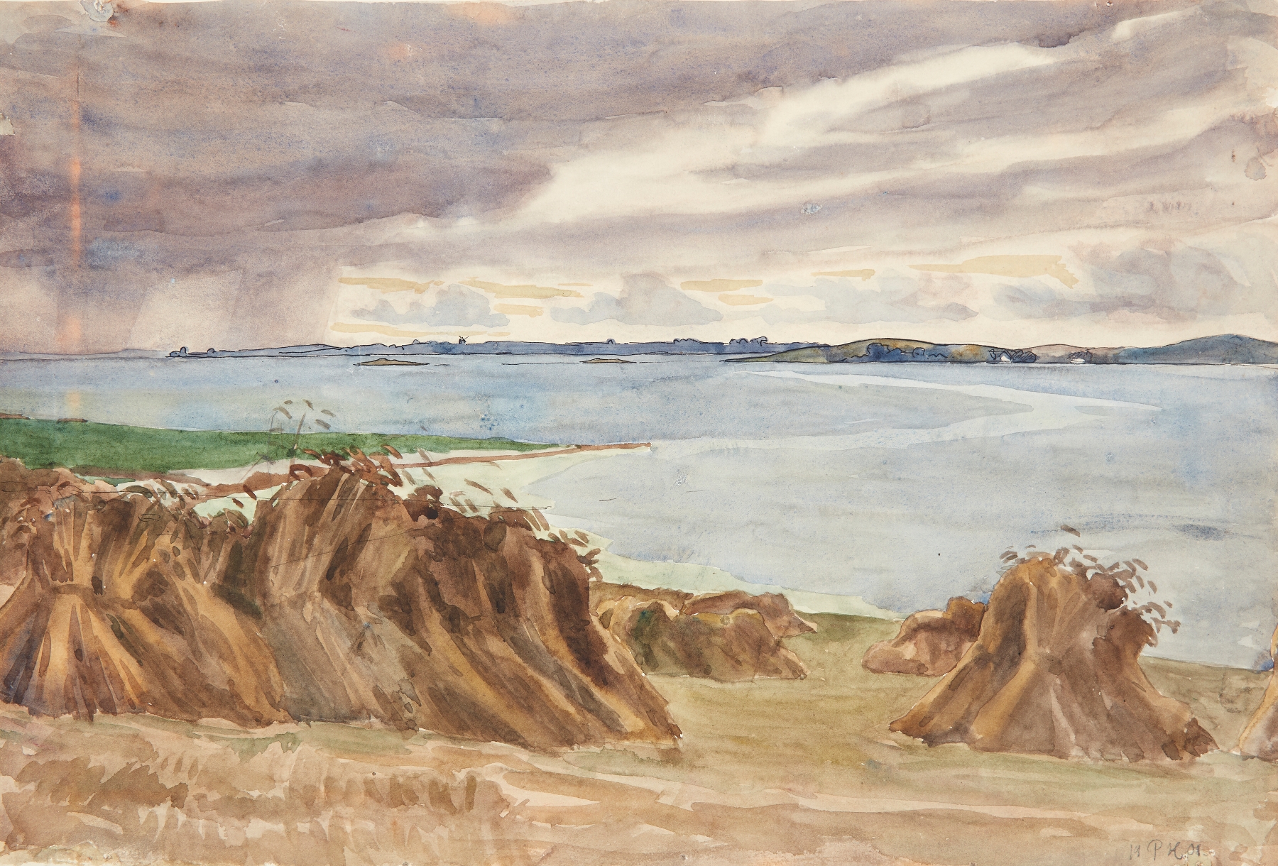 Landscape oil painting by Peter Hansen featuring a horizon and cloudy sky.