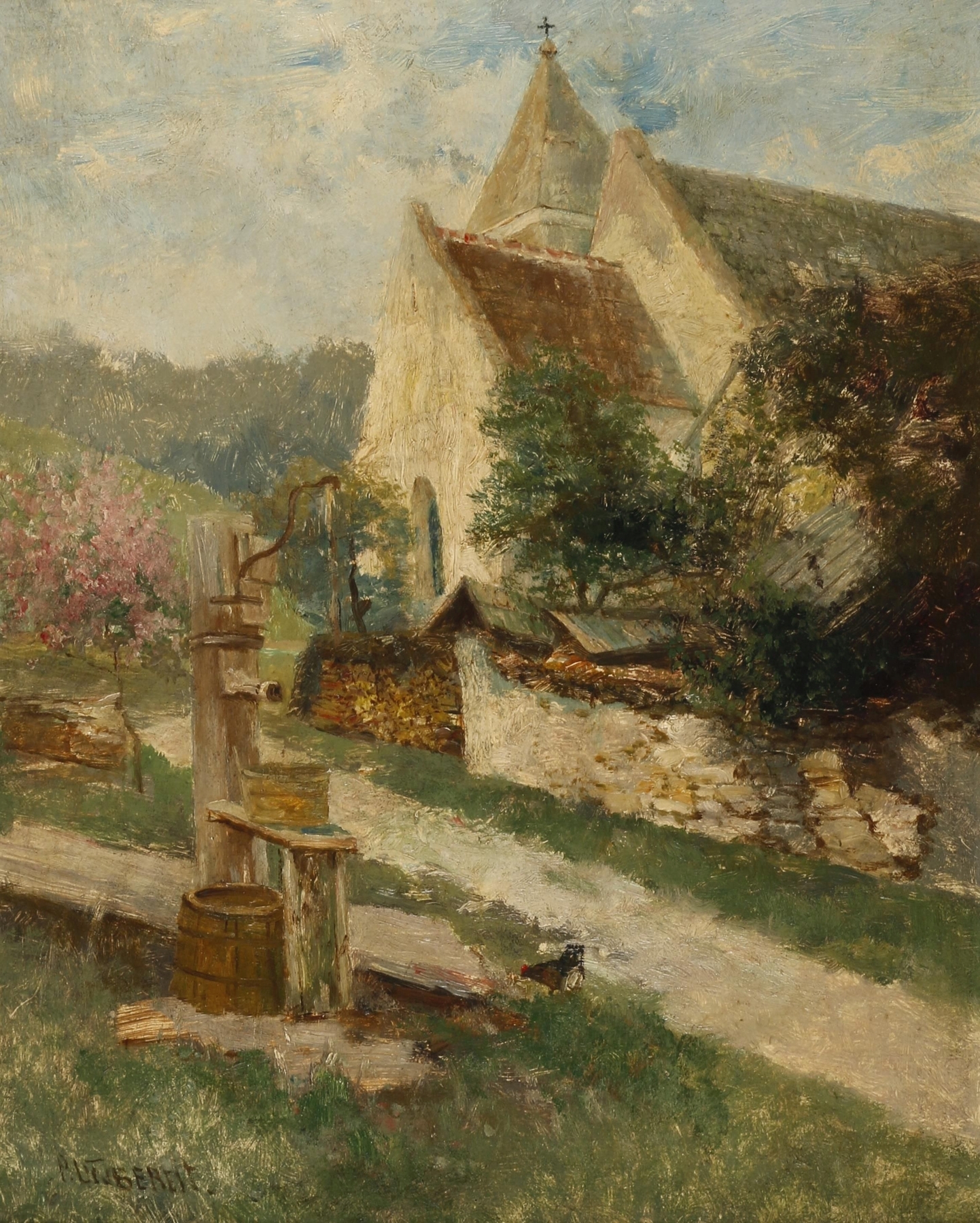 Fountain and chapel in oil on canvas by Paul Unbereit