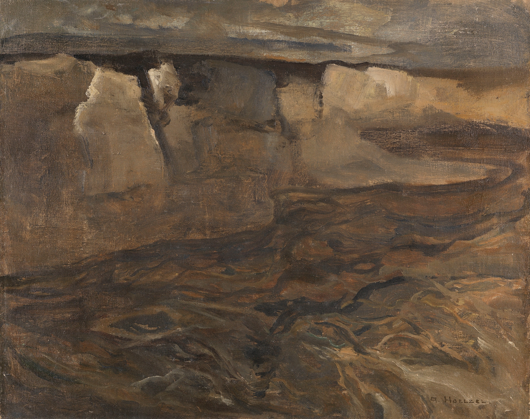 Dachauer Landschaft mit weißem Felsen by Adolf Hölzel, oil painting of a serene landscape with a white rock.