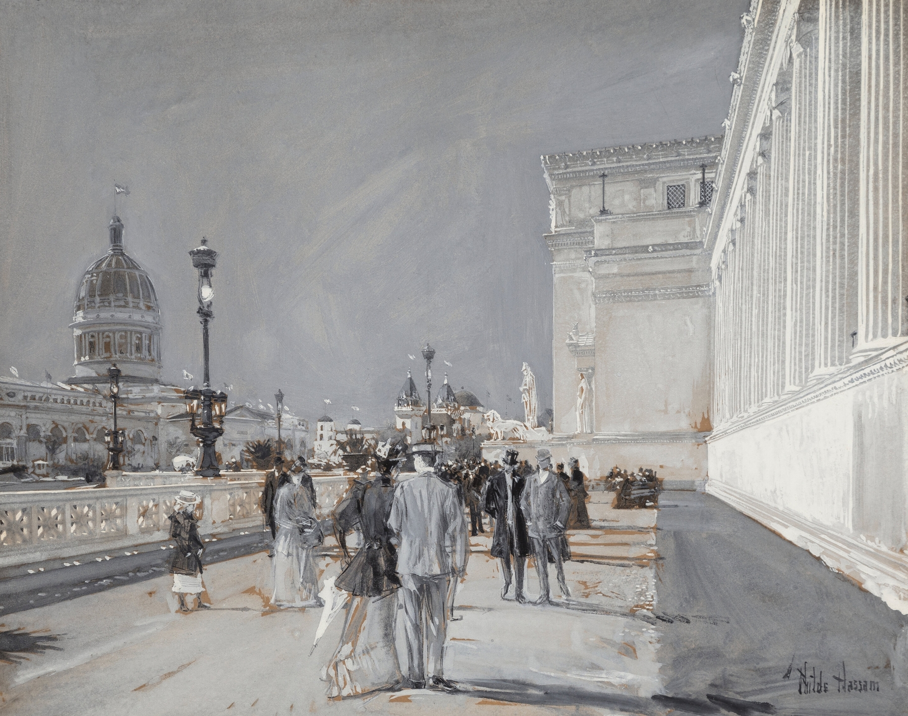 Genre scene depicting a fairground with flags by Childe Hassam, oil painting