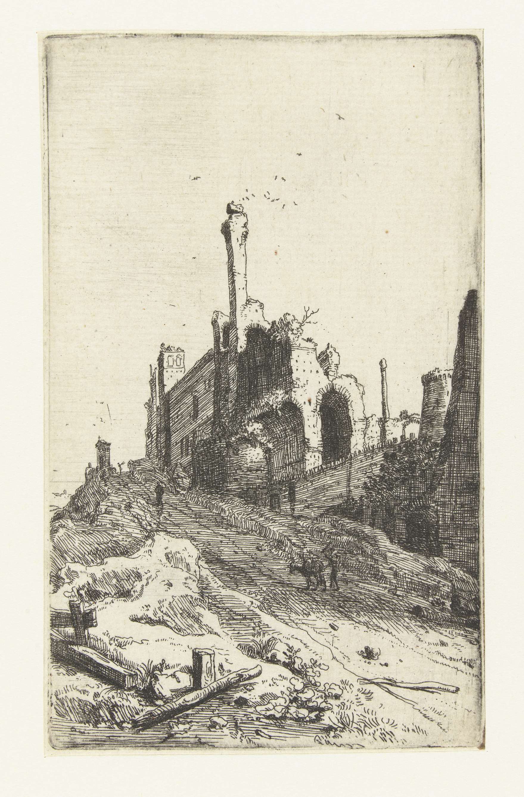 Etching by Bartholomeus Breenbergh depicting ancient ruins and columns