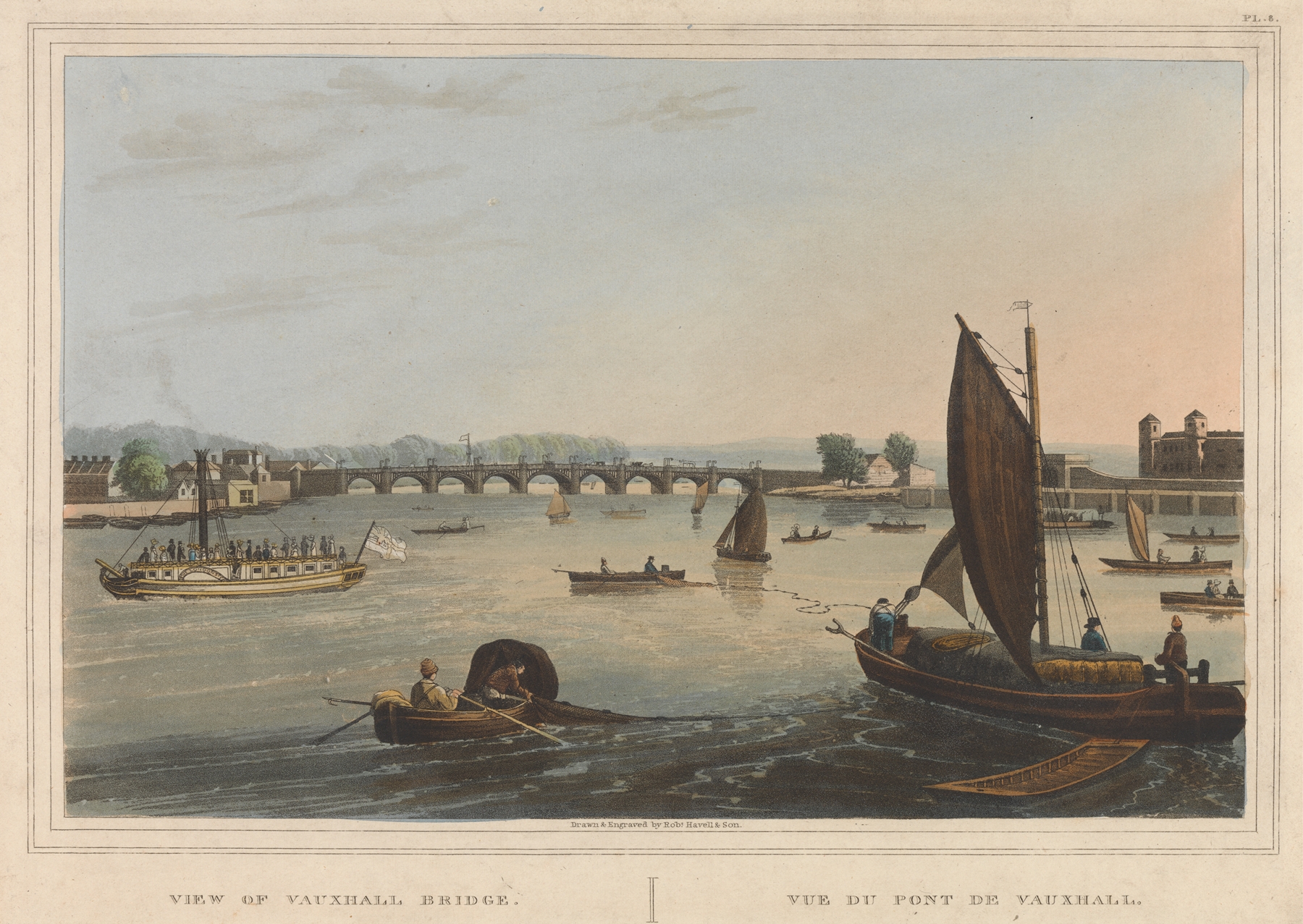 Engraving by Robert Havell Jr. depicting Vauxhall Bridge over a river at dusk