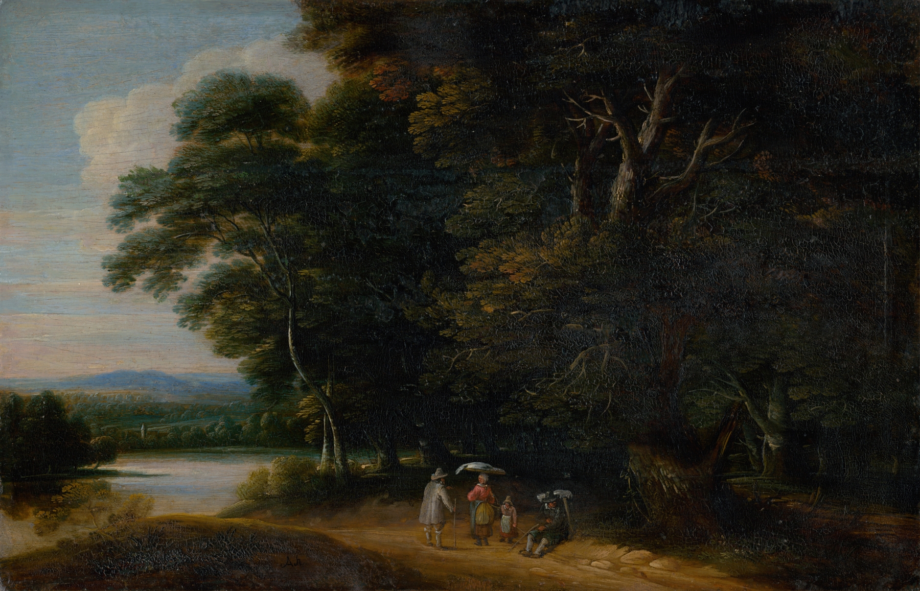 Landscape with a tranquil lake and sunlight by Jacques d'Arthois, oil painting
