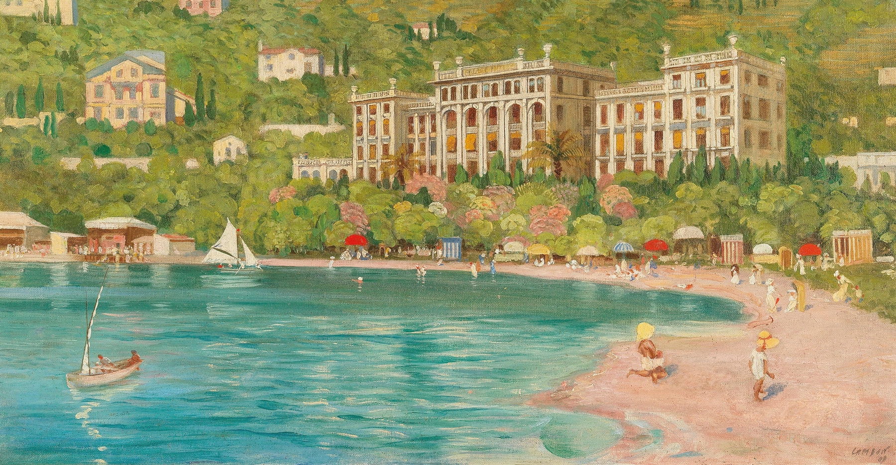 Landscape of Portoroz with the Grand Hotel, oil painting by Glauco Cambon