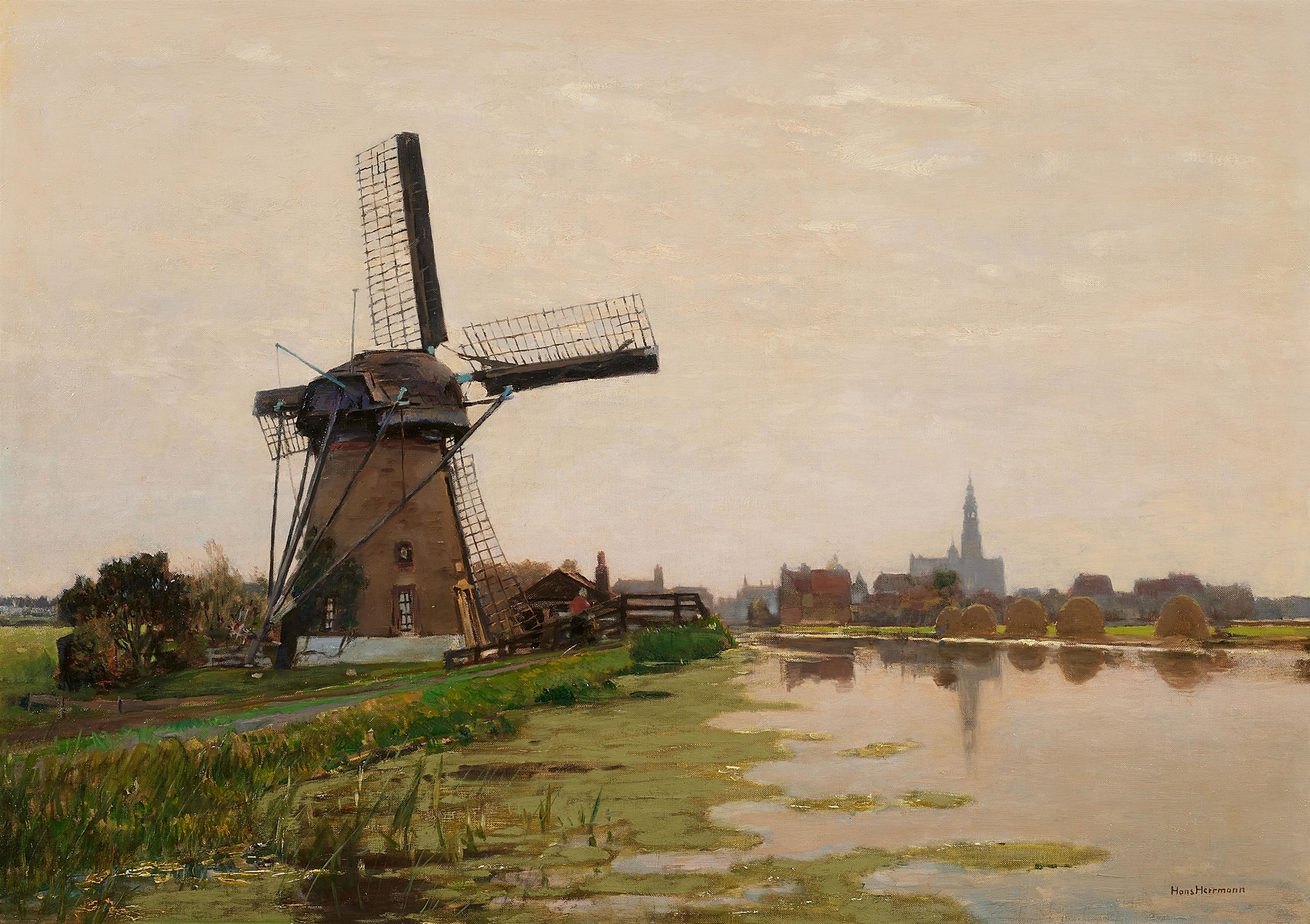 Landscape with a canal and a mill by Hans Herrmann, oil painting