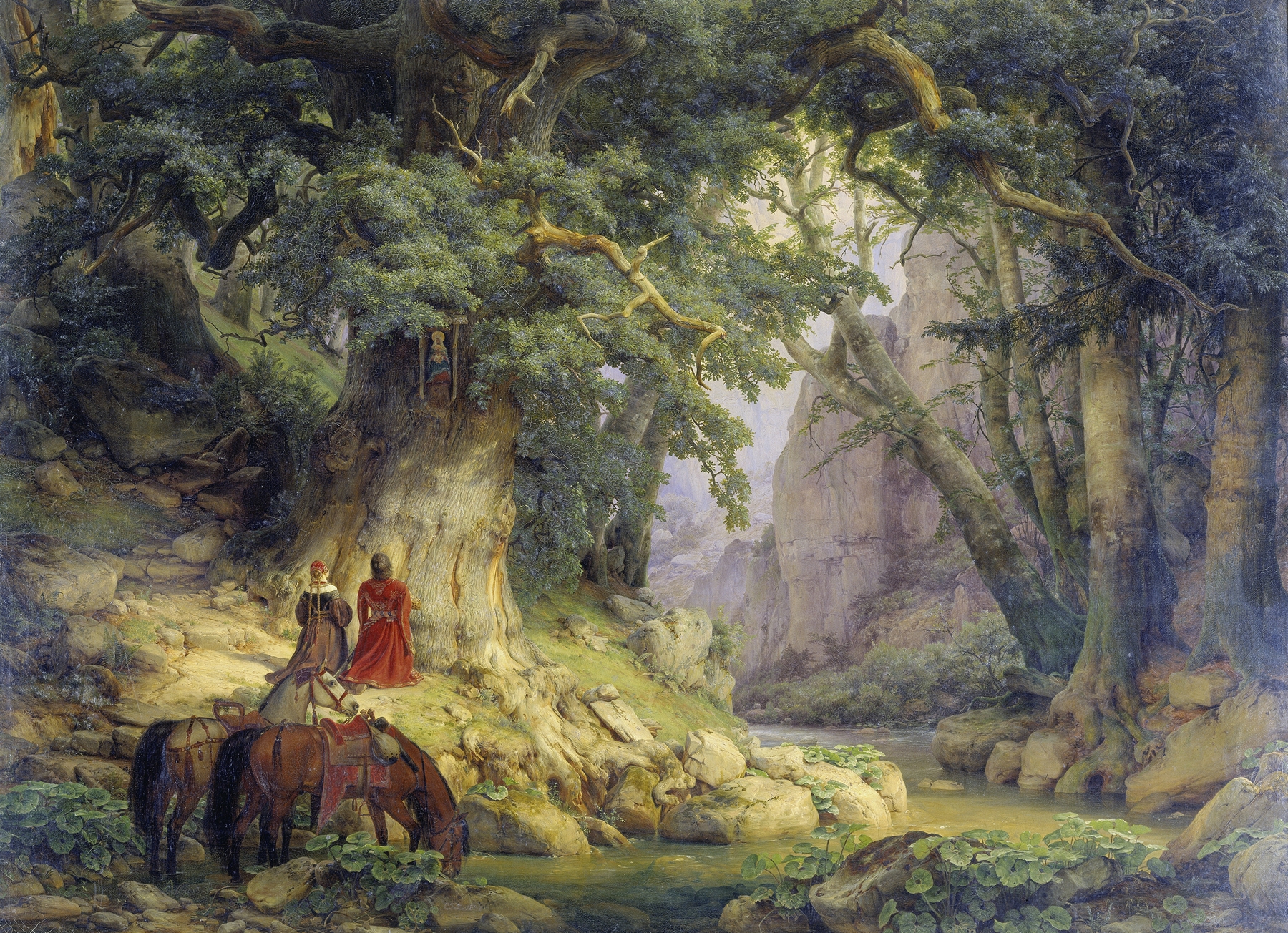 The Thousand-Year-Old Oak, oil on canvas by Karl Friedrich Lessing, featuring a gnarled oak tree in sunlight.
