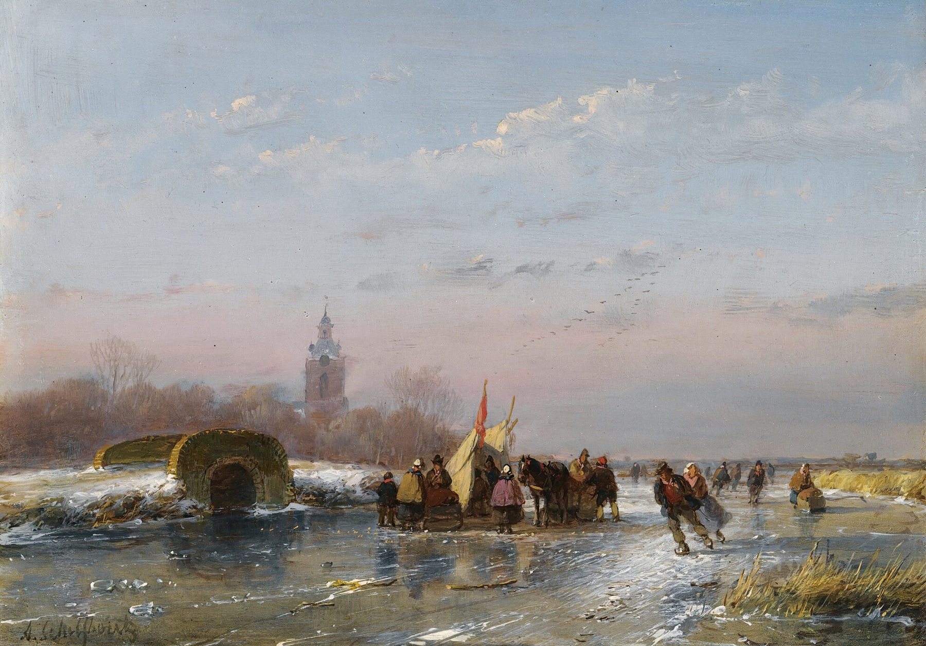 A Frozen Waterway With Skaters By A Refreshment Stall, by Andreas Schelfhout, public domain