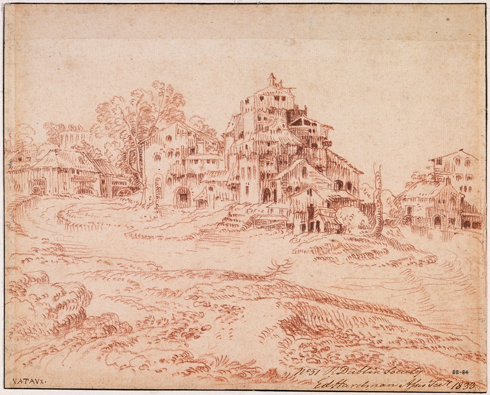 A serene landscape painting depicting a fortified farm by a river bend.