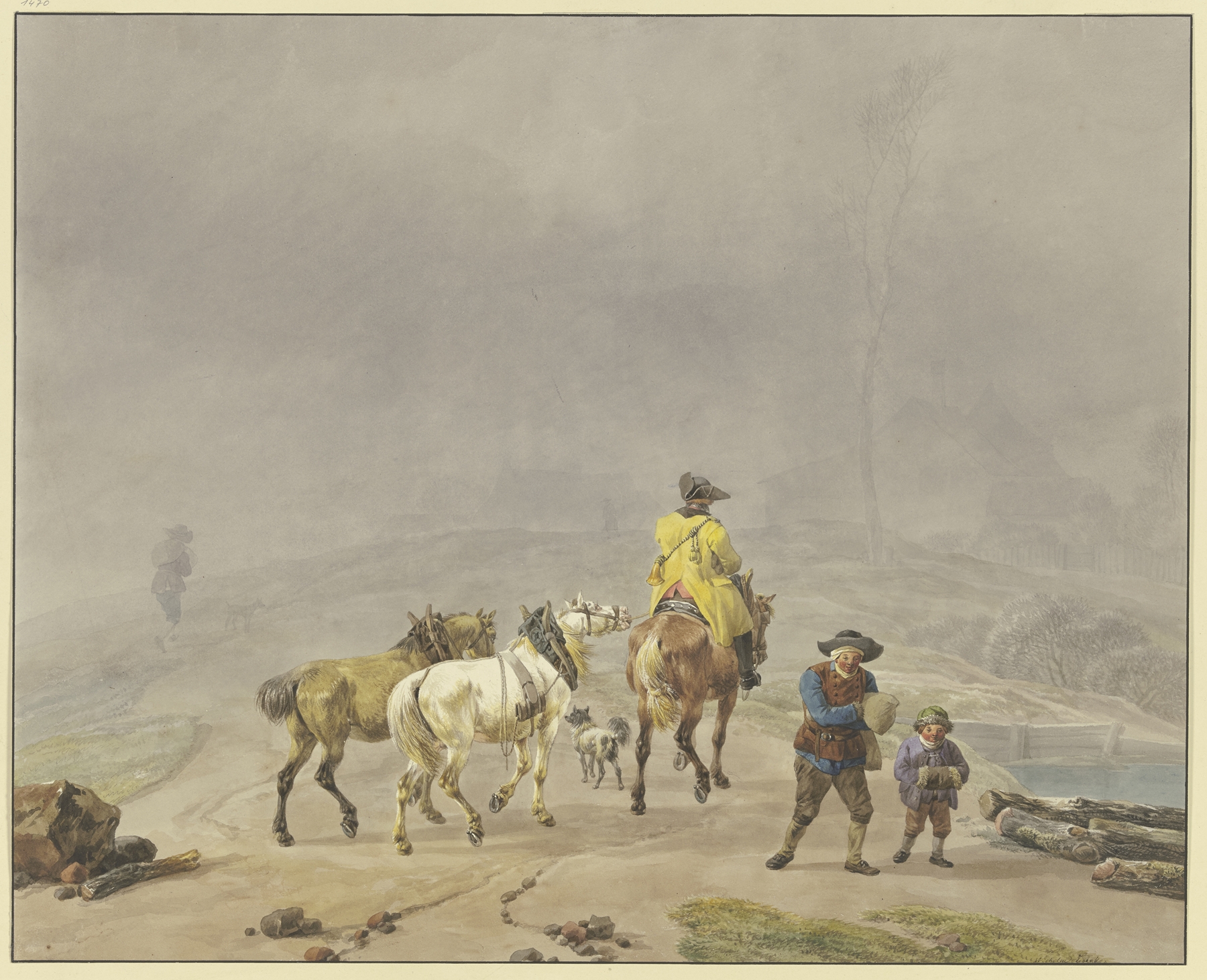 Oil painting by Wilhelm von Kobell depicting a horseman in a snowy landscape.