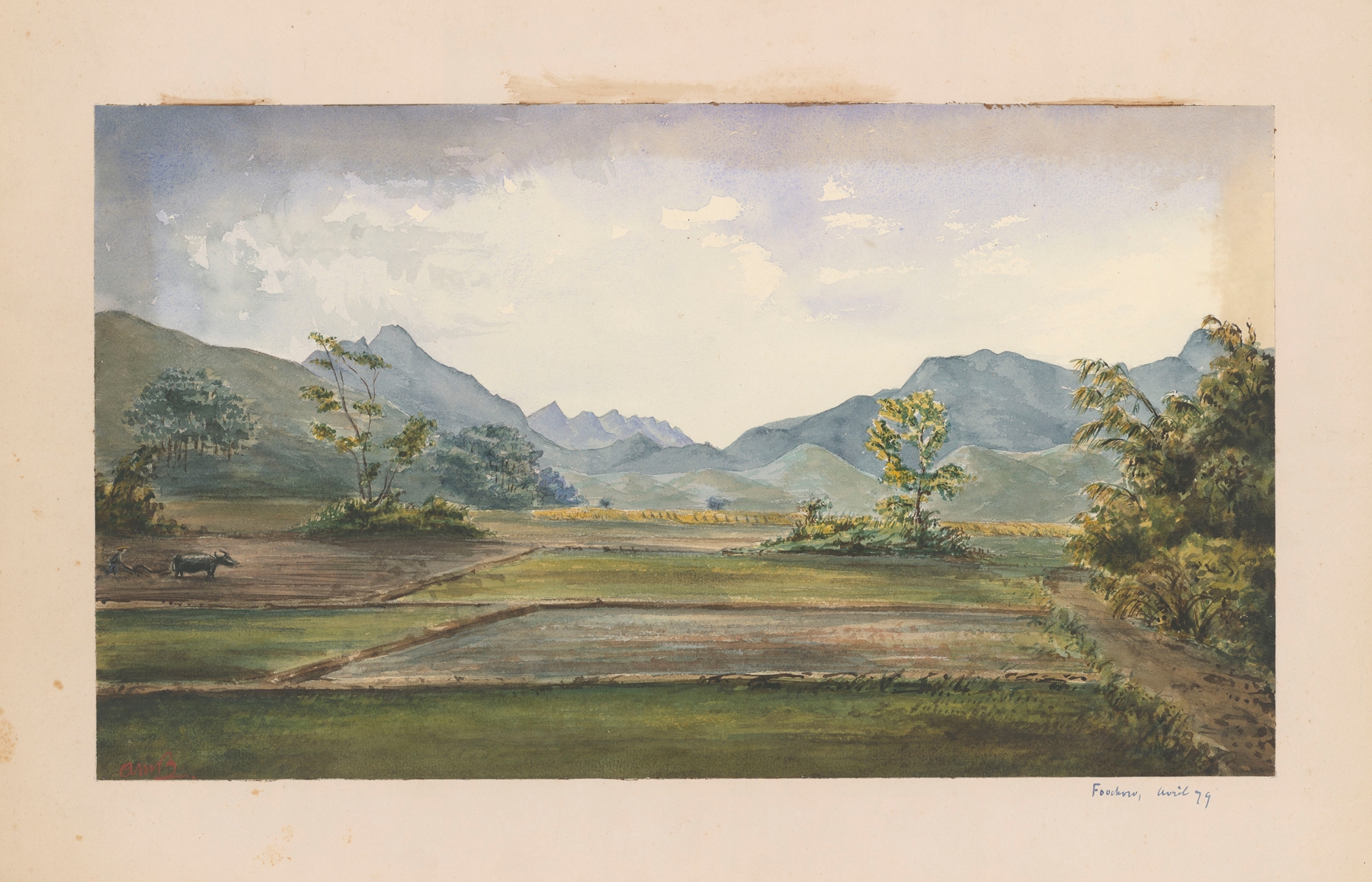 Watercolour by Auguste Mouillesaux de Bernières depicting a serene landscape.