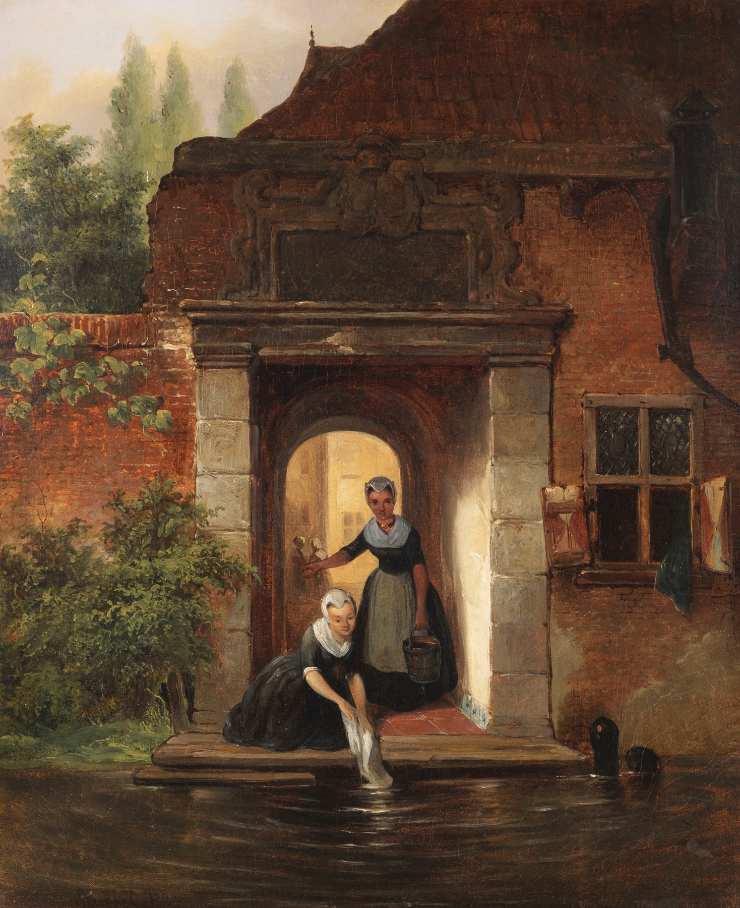 Genre scene depicting washing in an interior, oil painting by Johannes Stroebel