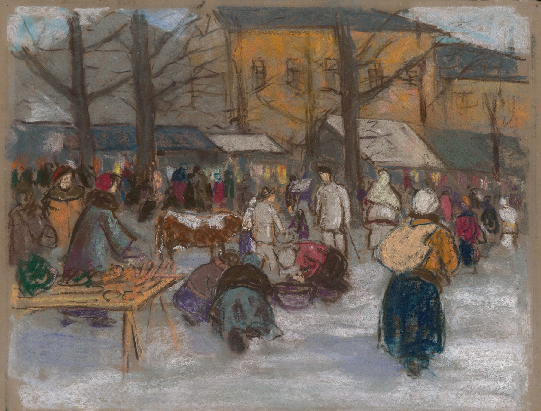 Market in Ružomberok by Karol Polónyi, oil on canvas depicting a lively market scene.