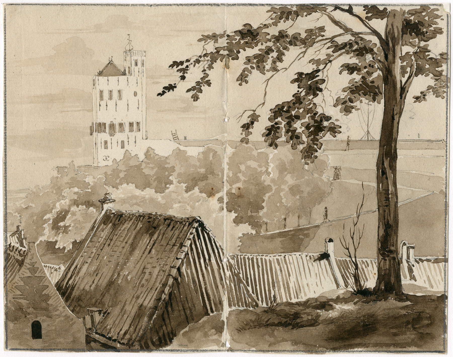 Landscape with rooftops and a castle, oil on canvas by Pieter van Loon