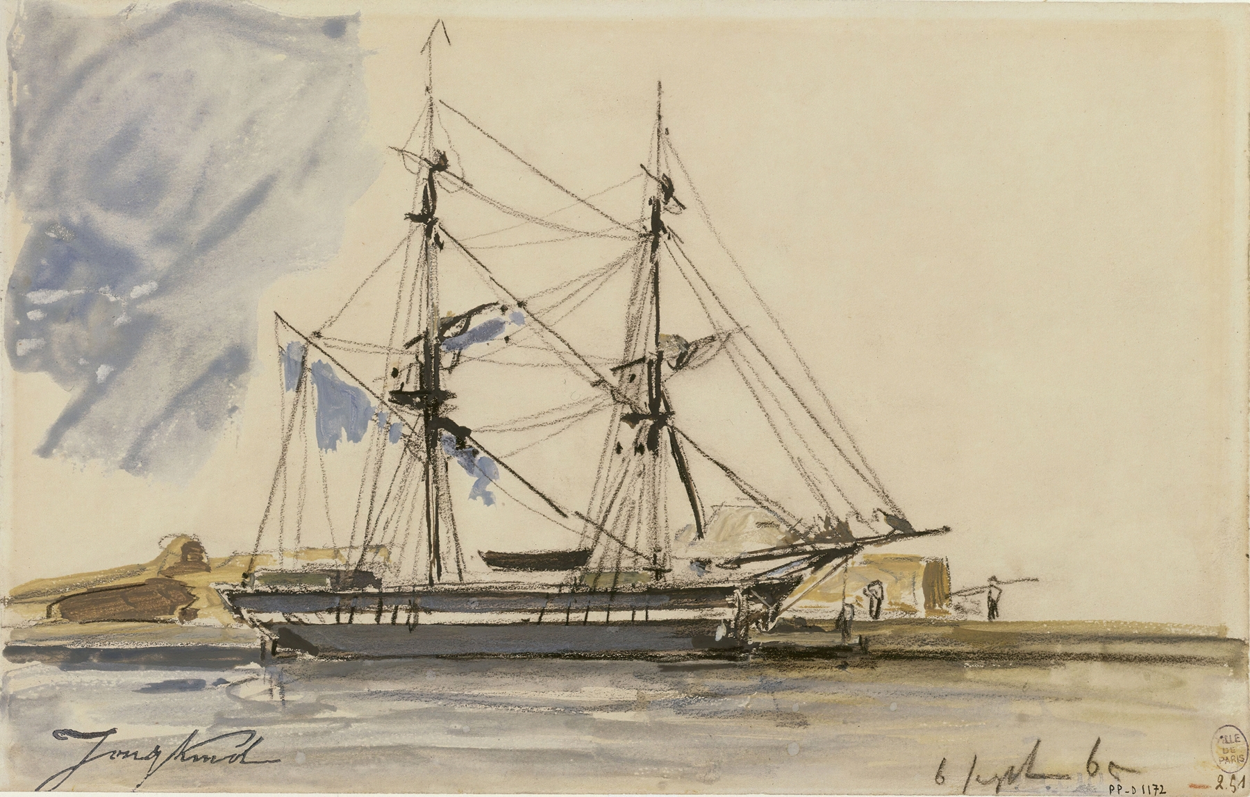 Bateau à voile accosté, by Johan Barthold Jongkind, public domain