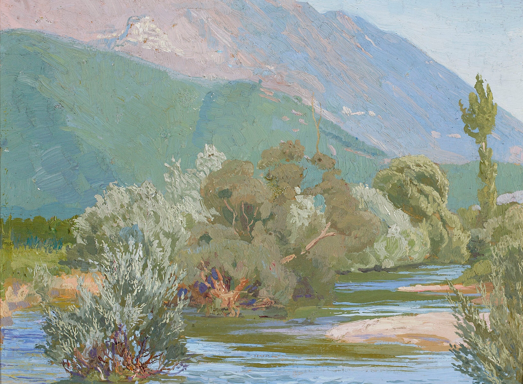 Aniene River by Edward Okuń, oil on canvas depicting a tranquil landscape with a flowing river.