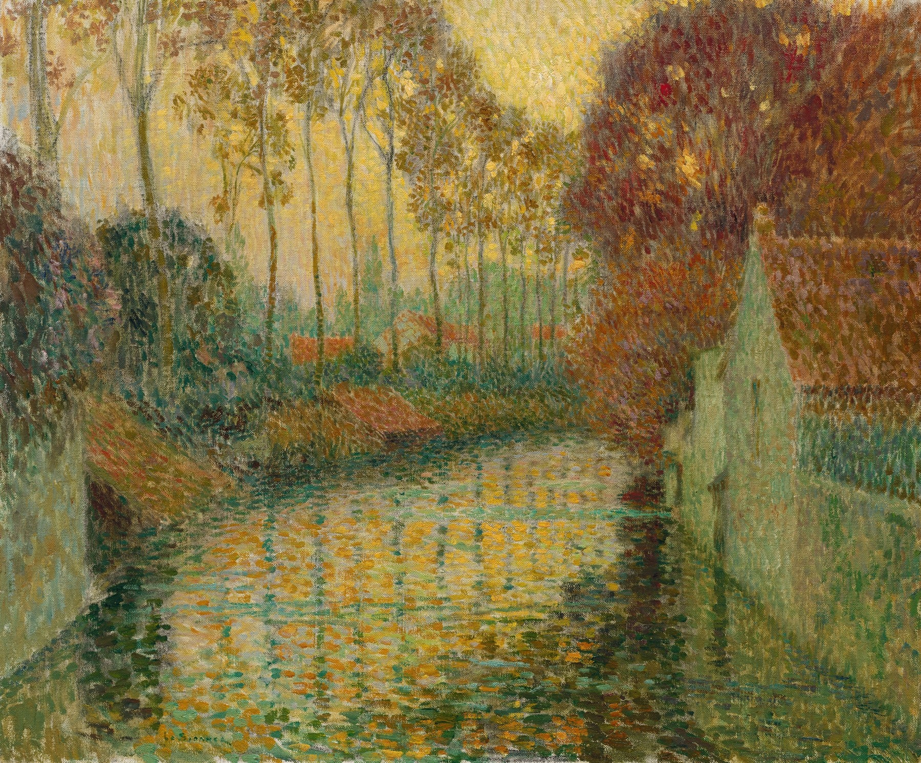Canal in Autumn (Gisors) by Henri Le Sidaner, oil painting depicting a tranquil canal in autumn.