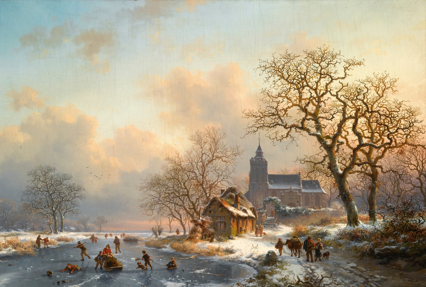A winter landscape with skaters on a frozen river, oil painting by Frederik Marinus Kruseman.