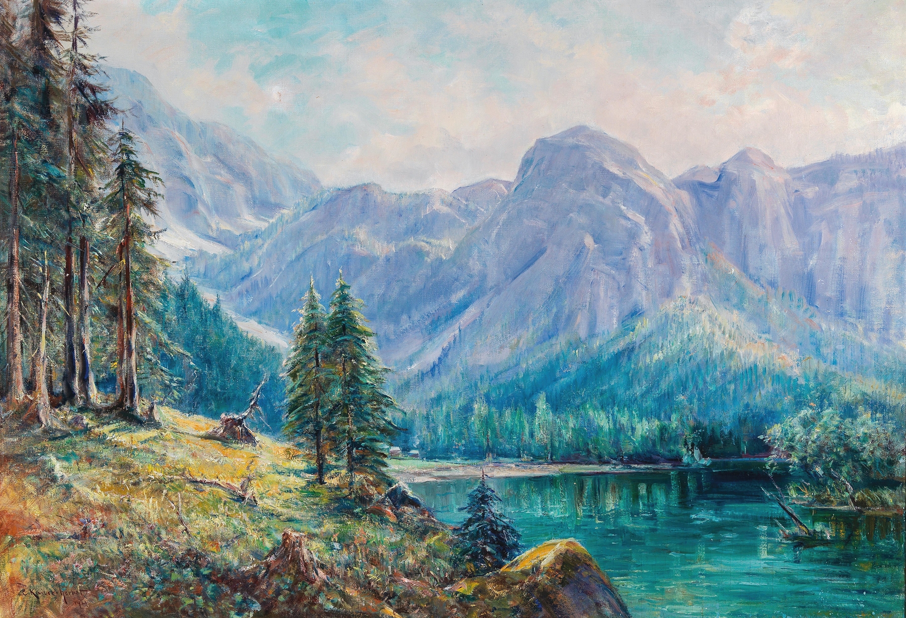 Lake scene with mountains reflecting in water, oil on canvas by Carl Kaiser-Herbst