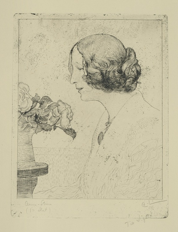 A portrait of a woman with long hair, dressed in a flowing gown, surrounded by floral motifs.