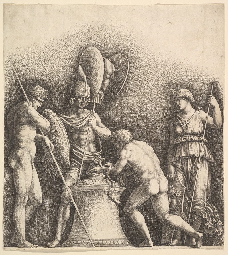 A depiction of classical figures engaged in a pagan sacrifice.