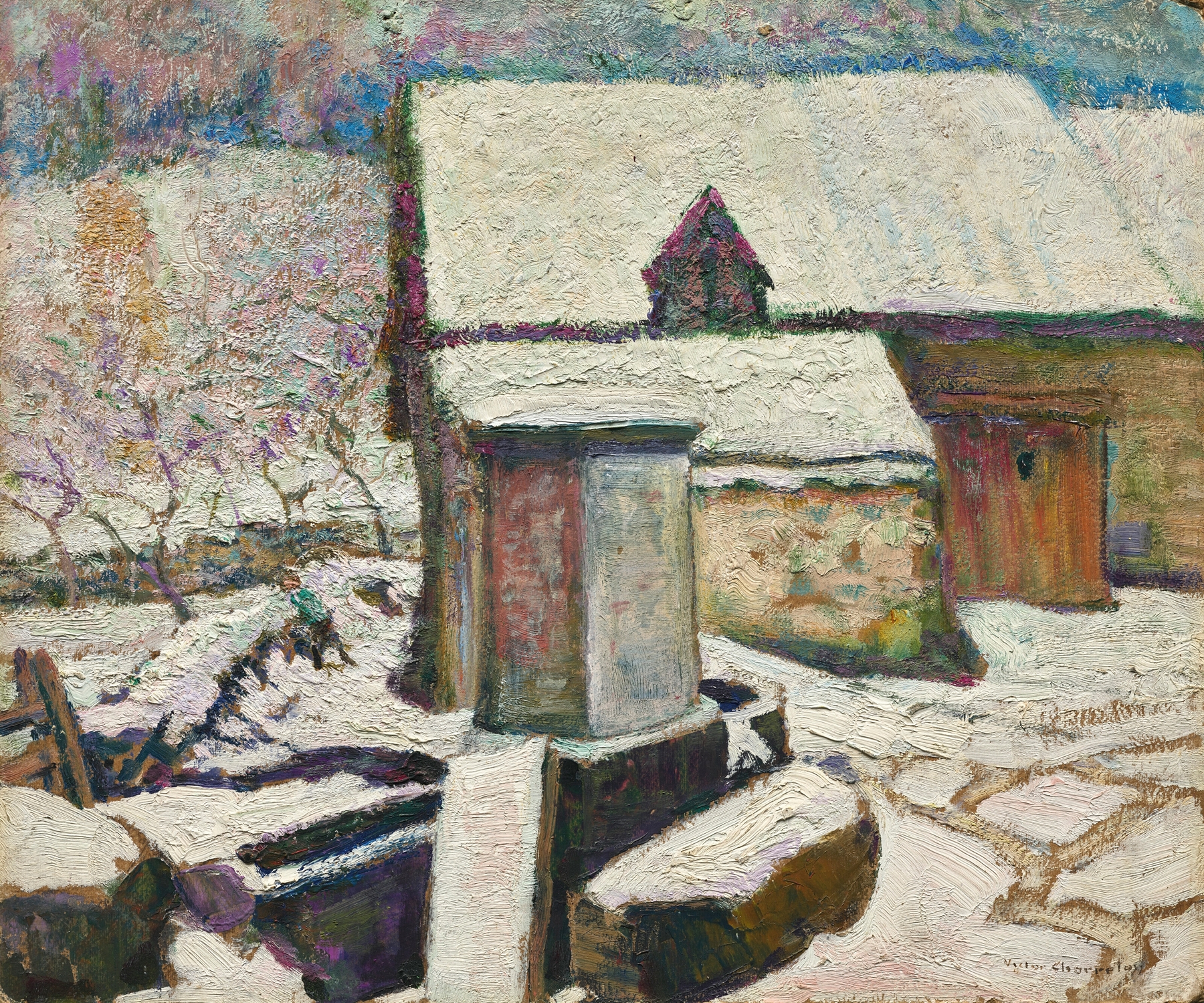 Winter landscape with swans on ice by Victor Charreton, oil painting