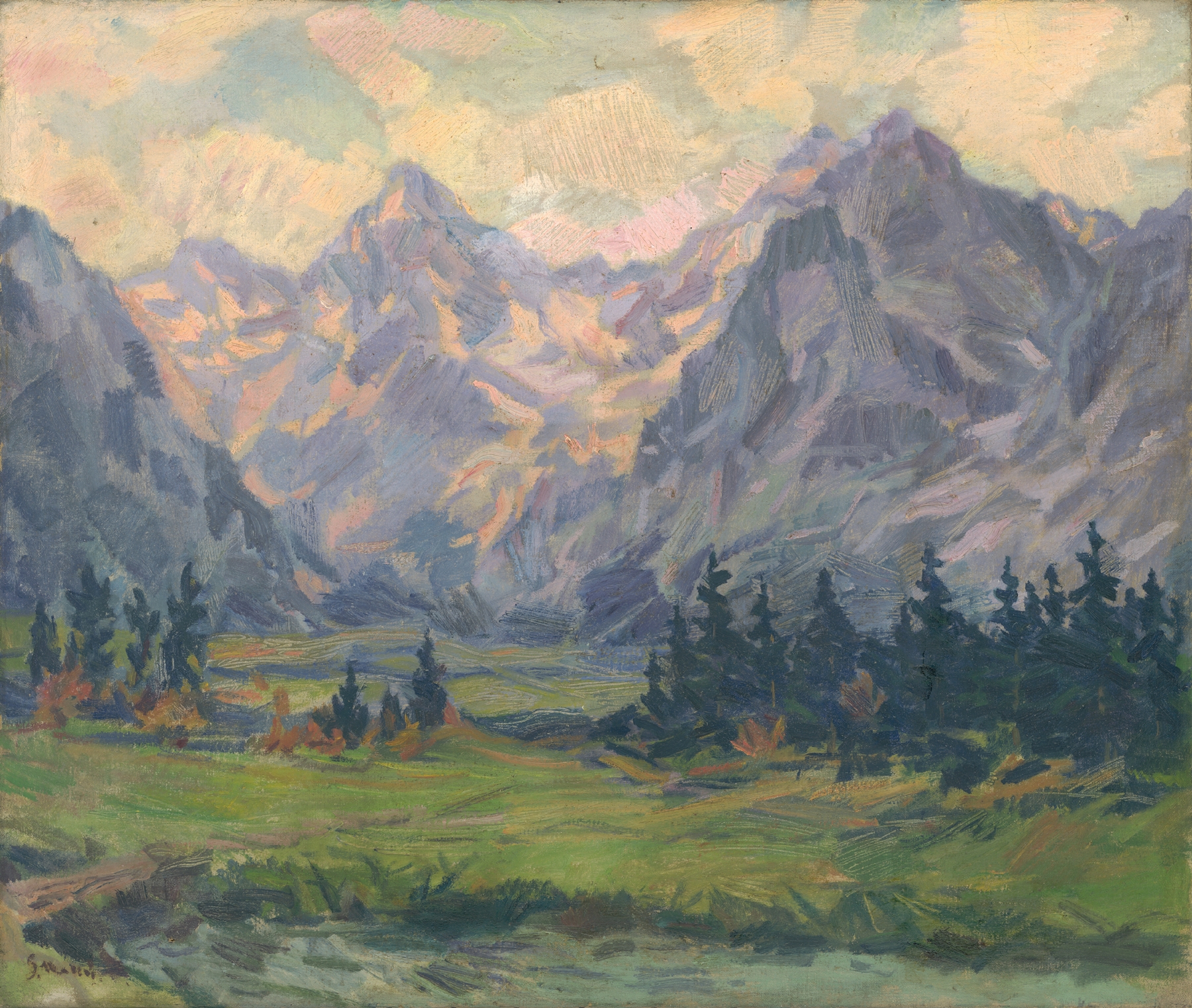 Oil painting by Gustáv Mallý depicting mountains and a valley