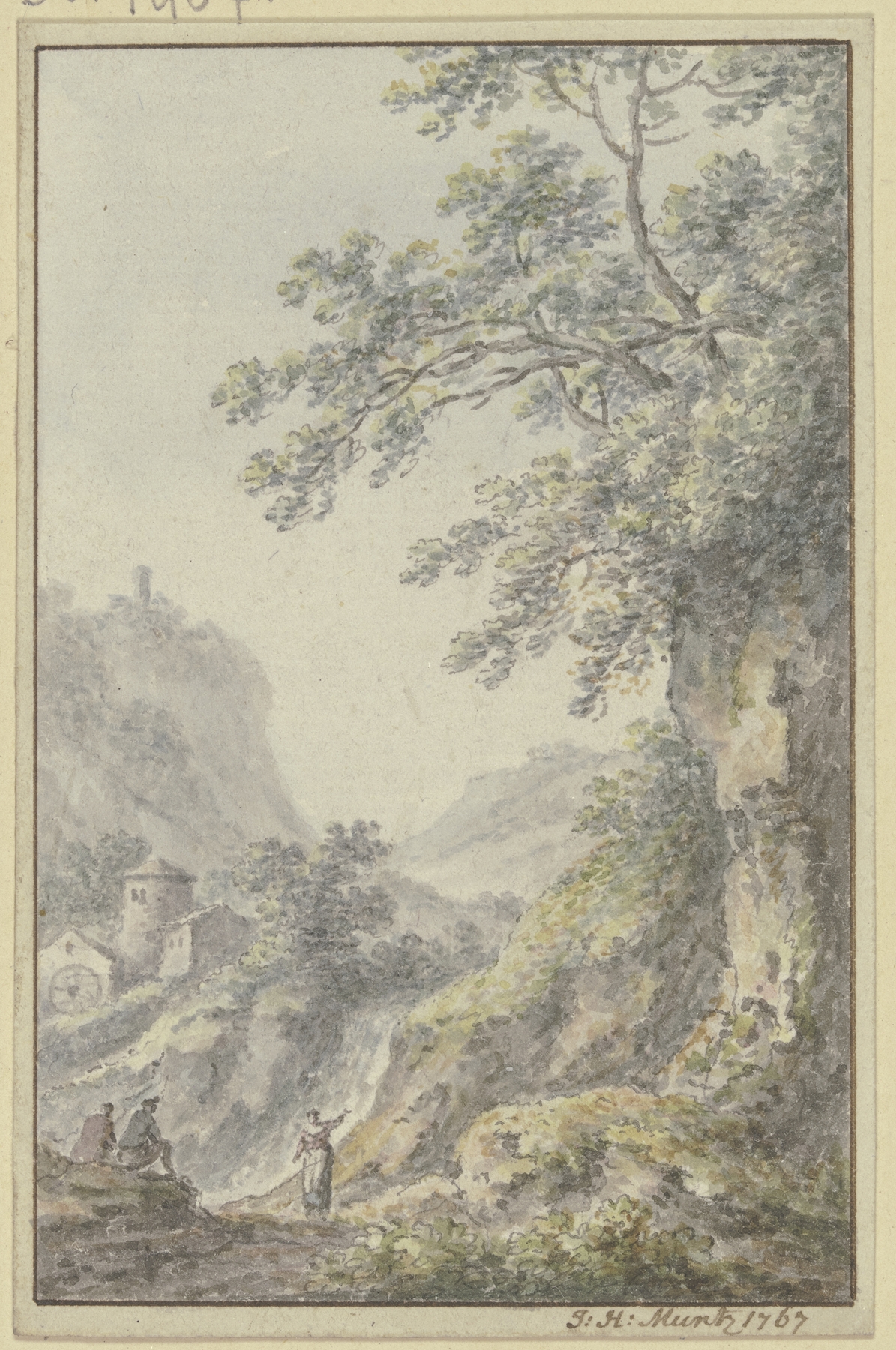 Rococo oil painting by Johann Heinrich Müntz depicting a mountain landscape with a castle and figures